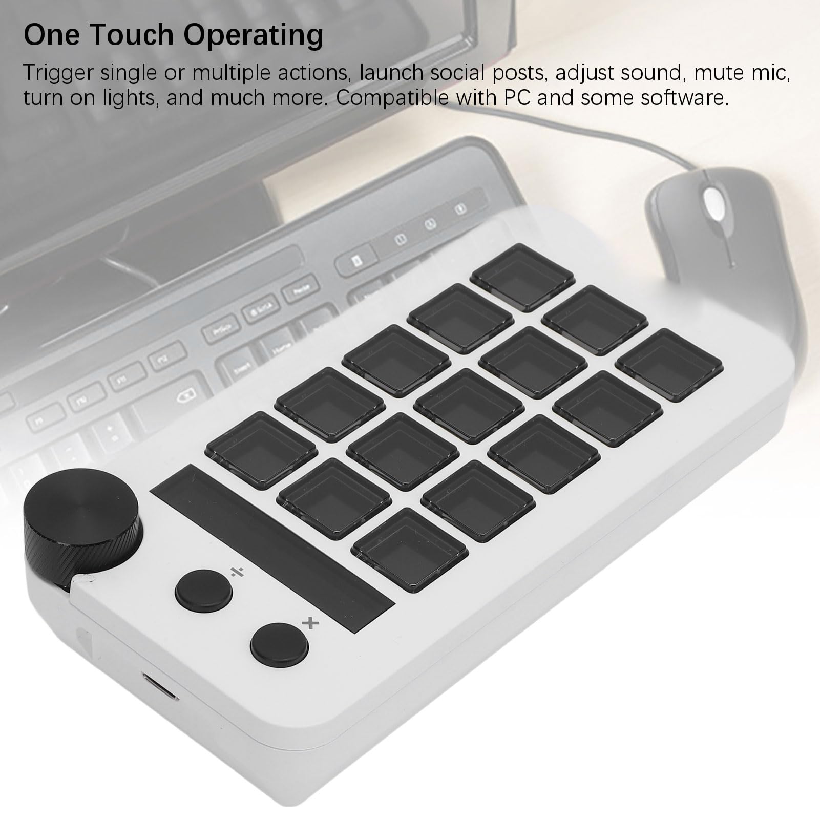 Controlador de Estudio con 15 Claves, Controlador de Transmisión con Perilla, Diseños Visuales Personalizables y Macros para Software de PC, Activando Acciones en Aplicaciones (BLACK) (WHITE)
