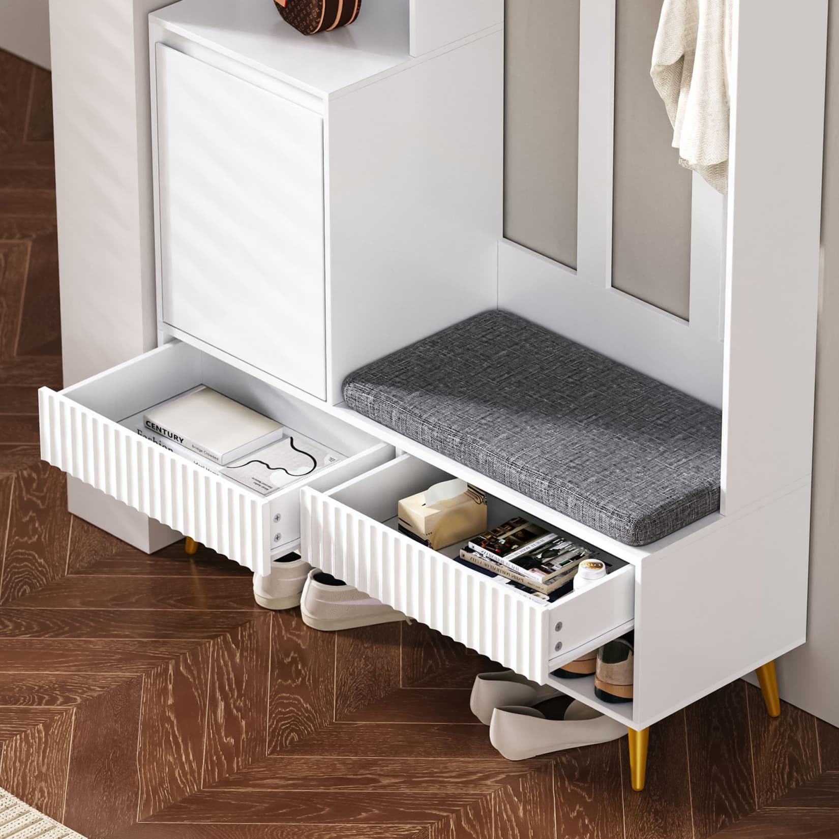 Meuble D’Entree 100x35x180cm,Vestiaire D'entrée,Porte Manteau avec Banc Rembourré,Rangement Chaussure,2 Tiroirs,4 Crochets,Étagère Ouverte,Panneau Perforé,pour Couloir (E-Blanc)