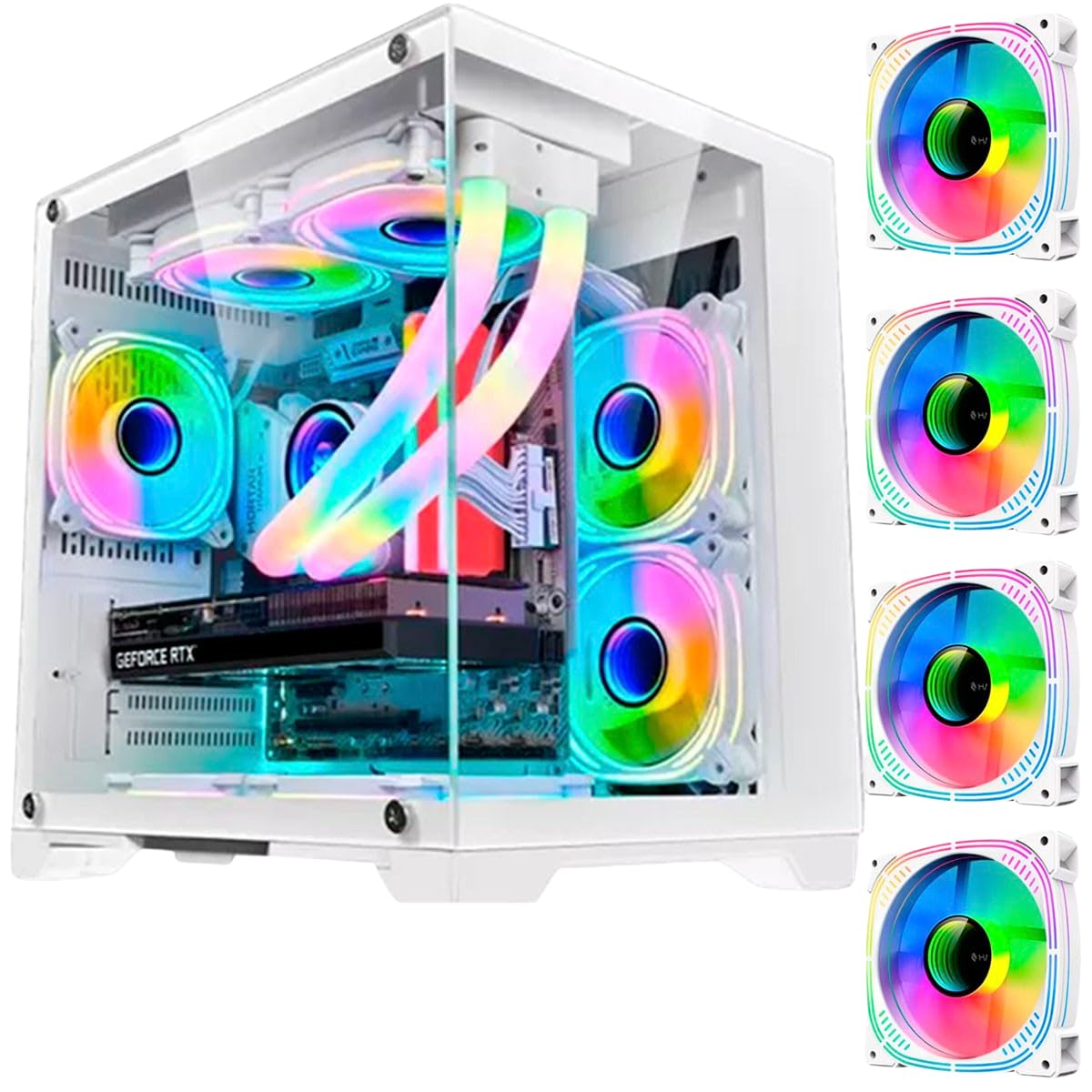 Gabinete Gamer Branco GB1791 4 fans RGB Micro-Atx Em vidro temperado