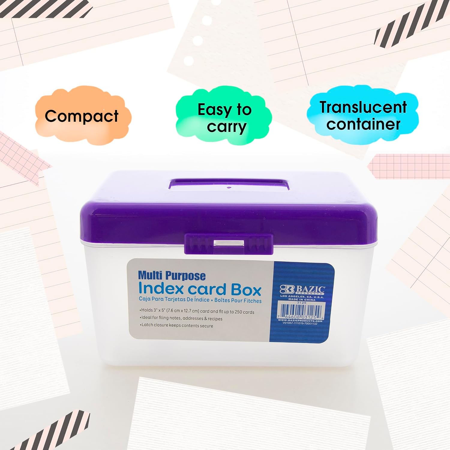 BAZIC PRODUCTS Index Card Box 3"x5", Plastic Storage Case Holds 250 Cards, Multipurpose Index Card Holder Organizer for Flash Cards, Notes, Office & School Use, Semi-Clear, Assorted Colors, 6-Pack