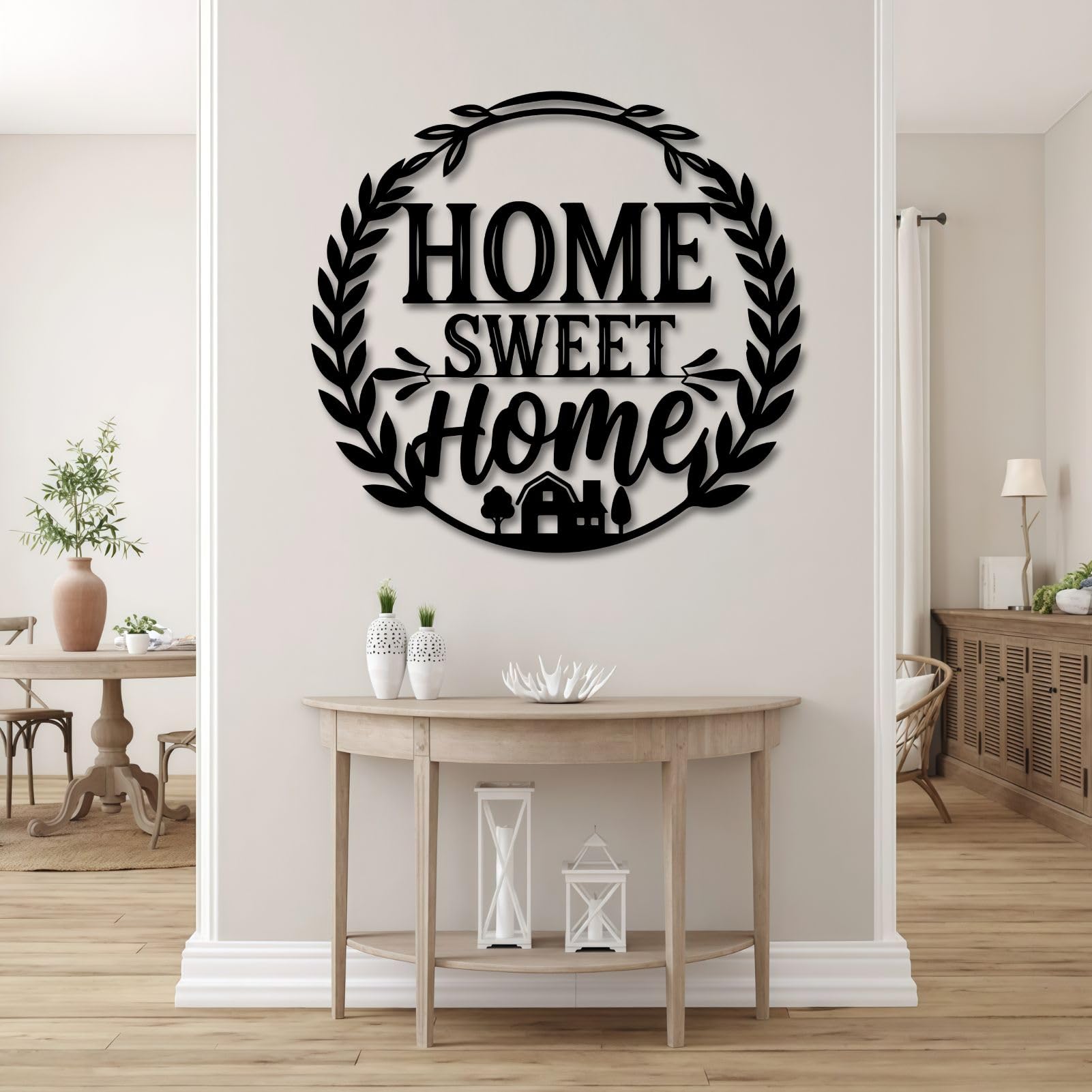 Schwarzes Metall-Wandbild „Sweet Home“ im Landhausstil, Wanddekoration für Eingangsbereich, Wohnzimmer, Schlafzimmer, Flur und Treppenhaus, Natur-Wohndeko (Schwarz, 48 cm breit)