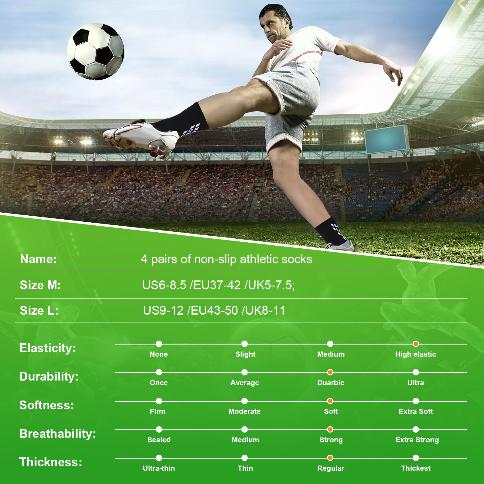 Gogogoal 4-paia Calzini sportivi da calcio antiscivolo per uomo donna, calzini sportivi imbottiti traspiranti Grip antiscivolo 37-42 43-50