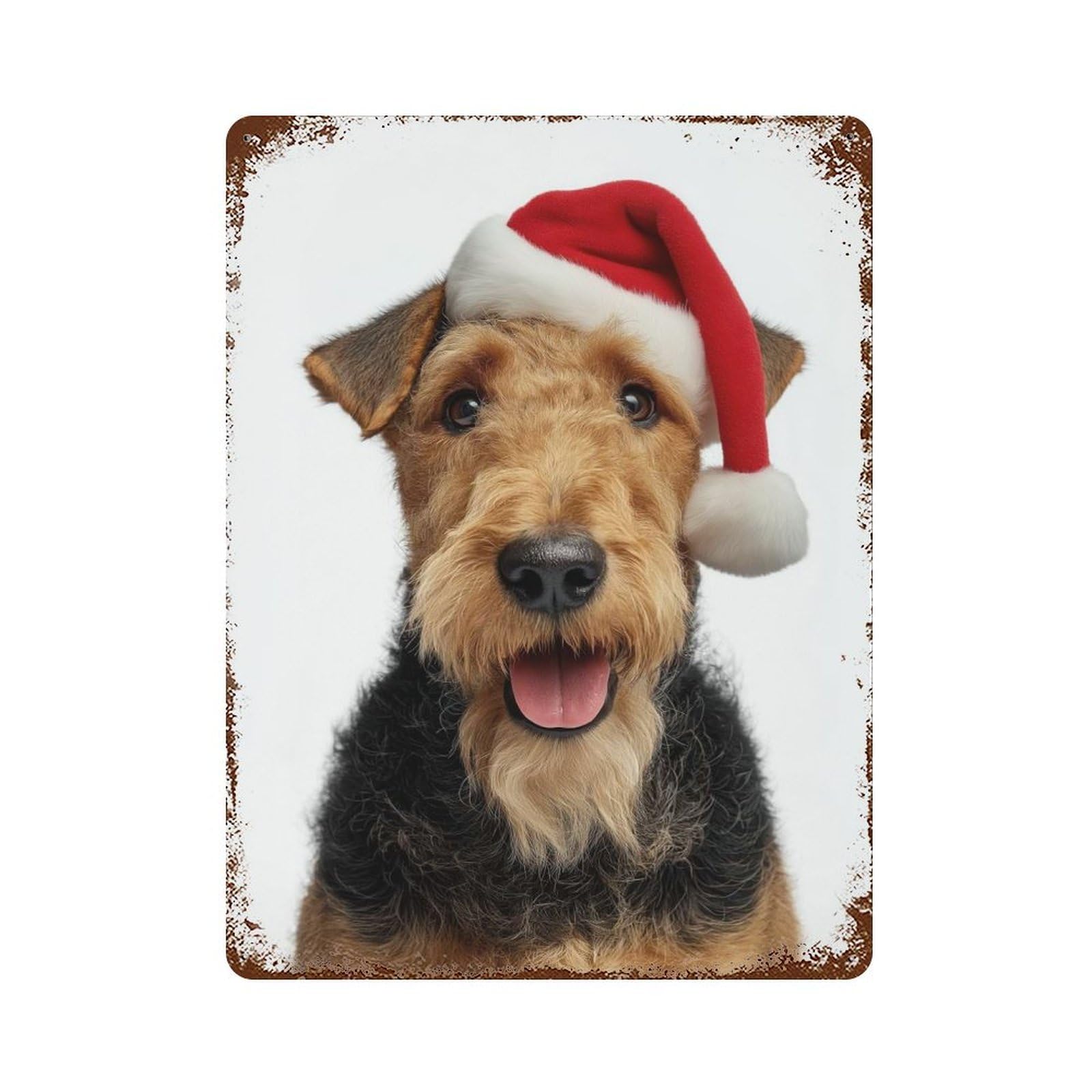 Vintage Rust Metal Sign Airedale Terrier Dog with Santa Hat 15.7"x11.8", Decorative Metal Wall Art for Basement, Hobby Room And Garage Decor