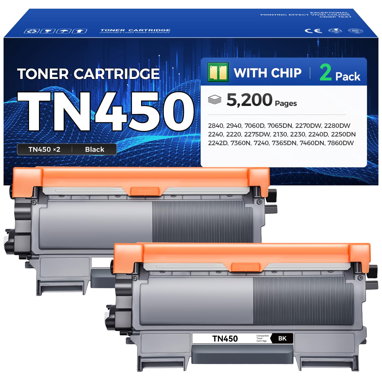 TN450 Toner Cartridge Black 2-Pack Printer Replacement Compatible for Brother TN-450 TN420 TN-420 HL-2270DW HL-2280DW HL-2230 MFC-7360N MFC-7860DW DCP-7065DN Intellifax 2840 2940 MFC-7240 HL-2240D Ink
