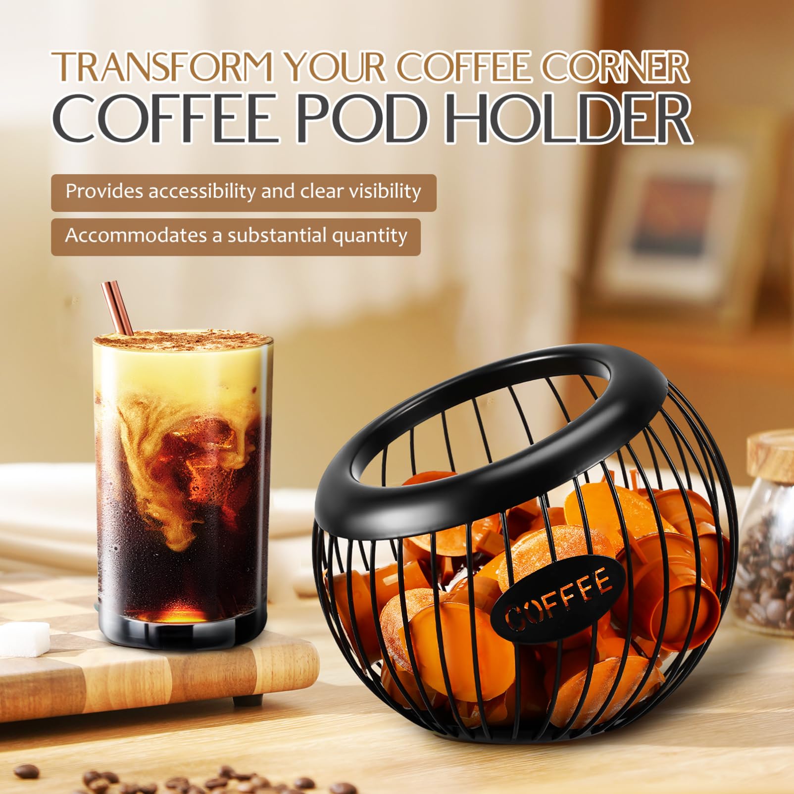 Hemobllo Coffee Pod Organizer Rack and Fruit Basket Wire Storage Container for Kitchen Countertop with Large Capacity for Coffee Capsules and Fresh Fruits - Image 2