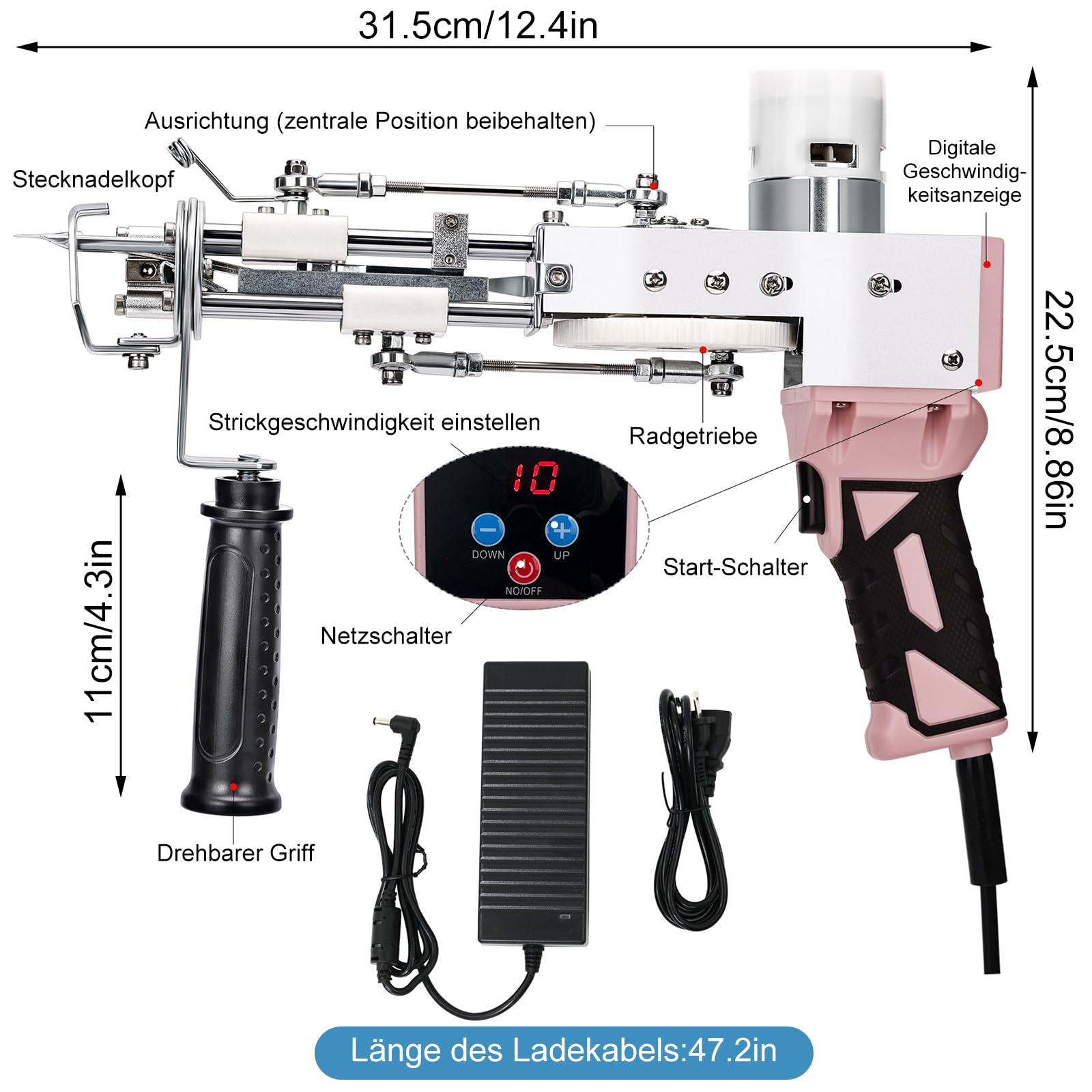 Teppich-Tufting-Pistole mit Teppich-Trimmer-Kit, Tufting Gun Set mit Digitaler Geschwindigkeitsanzeige, Tufting Maschine mit Tufting-Tuch|Garn |KitWalze|Bürste|Schaber |Stampfer -Rosa