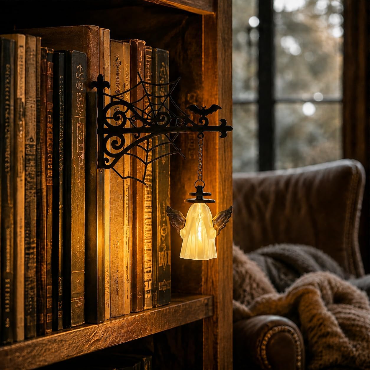 Library Lantern Mini Bookshelf Lamp with Warm LED Lights, Witch Hat，Lil' Winged Ghostie：2.36" D x 5.51" W x 7.68" H