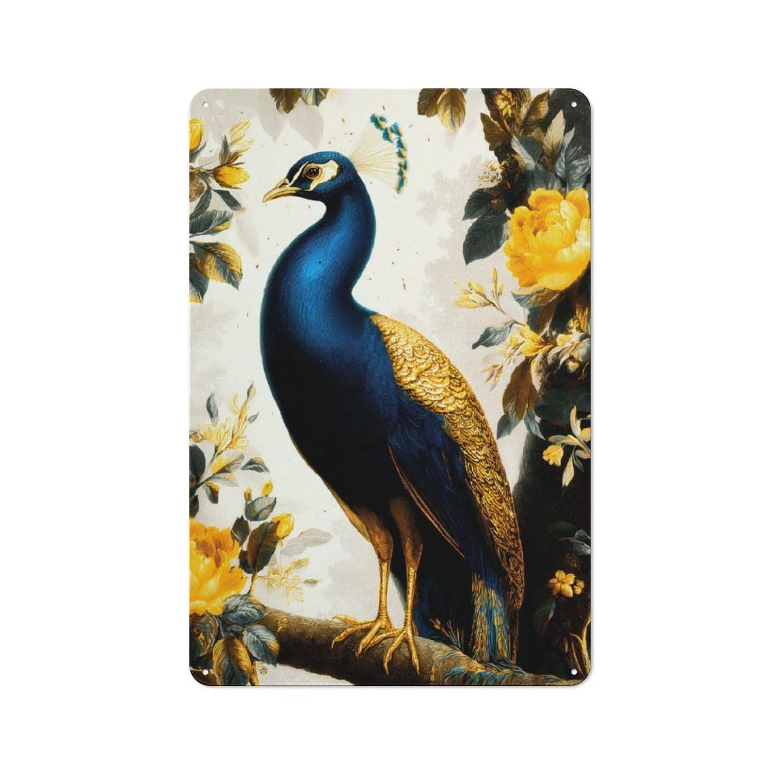 Junmoney Peacock And Yellow Flowers Illustration Bistro Style Bistro Metal Sign 30X20cm Featuring Shop Wall Decor For Takeaway, Bar, Kitchen Or Counter Area