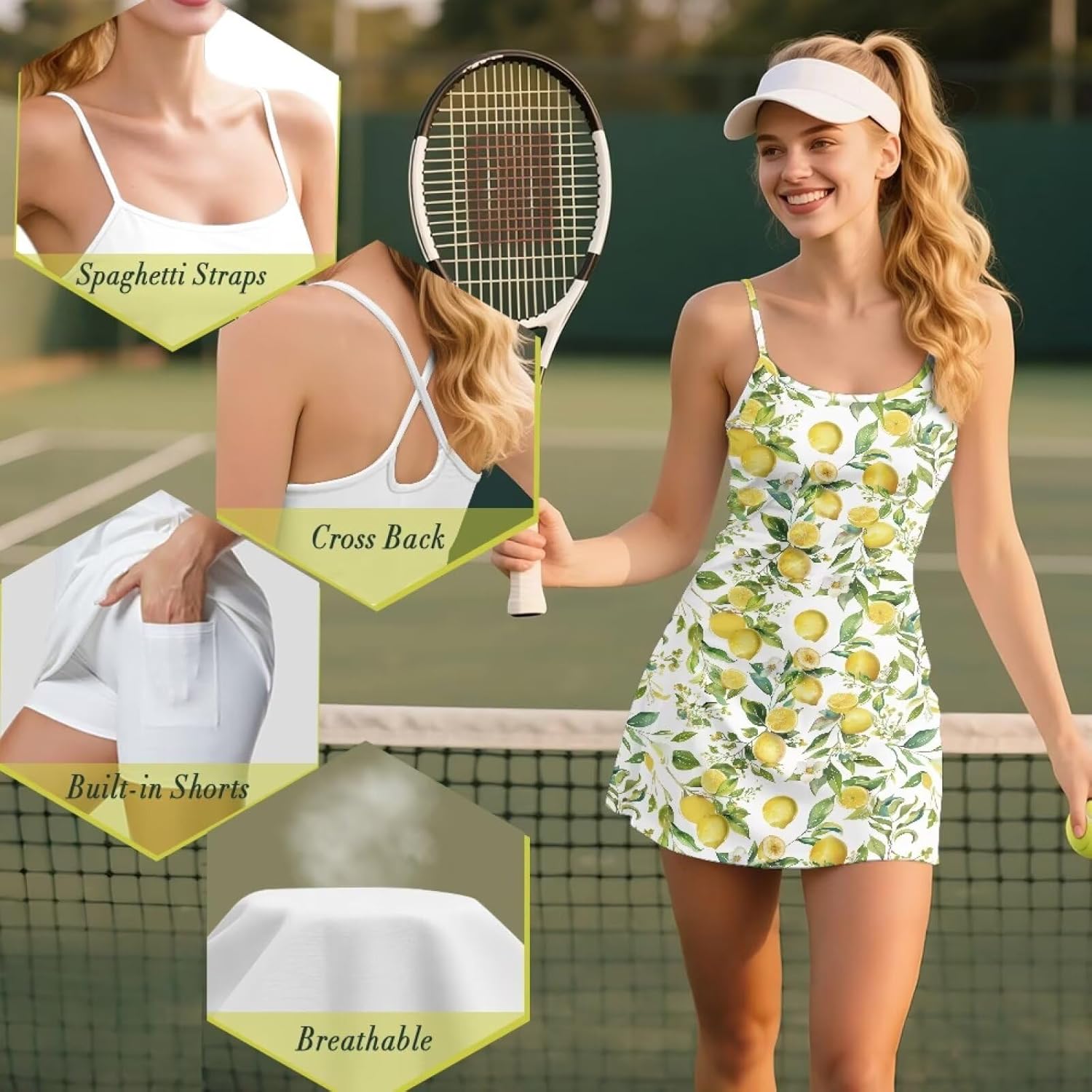 Womens Tennis Dress 2-in-1 Golf Workout Dress with Built-in Shorts Pockets Athletic Dresses with Strap XS-2XL