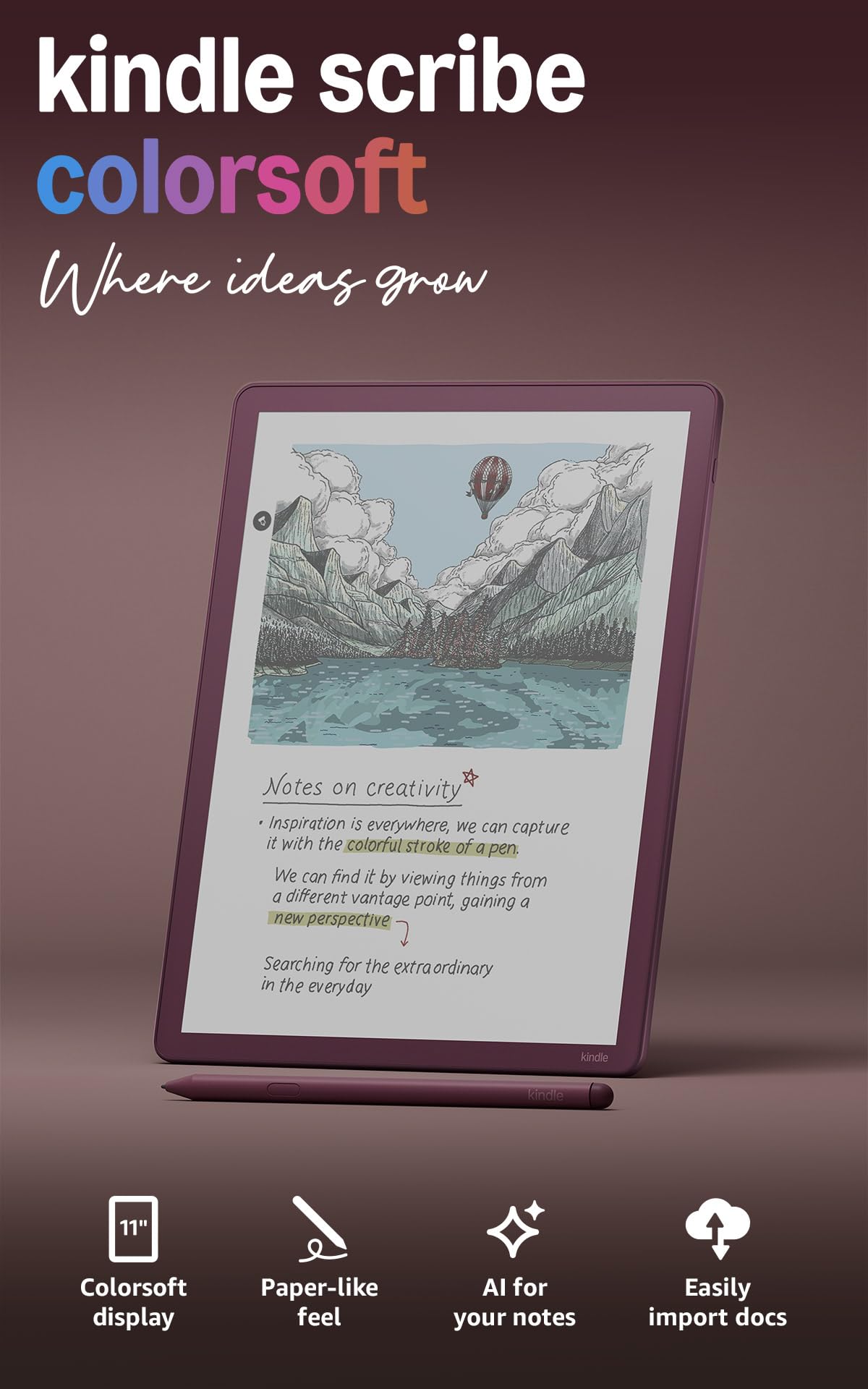 Amazon Kindle Scribe Colorsoft 64GB (newest model) — 11” paper-like color display with front light — Thin, light, powerful — Write in notebooks, documents, and books. Includes Premium Pen - Fig