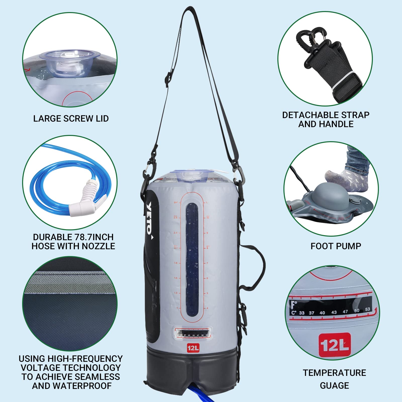 YETO Douche de camping portable de 12 L pour camping, douche solaire avec pompe à pied à pression et buse pratique, sac de douche de camping, gris, 12 l