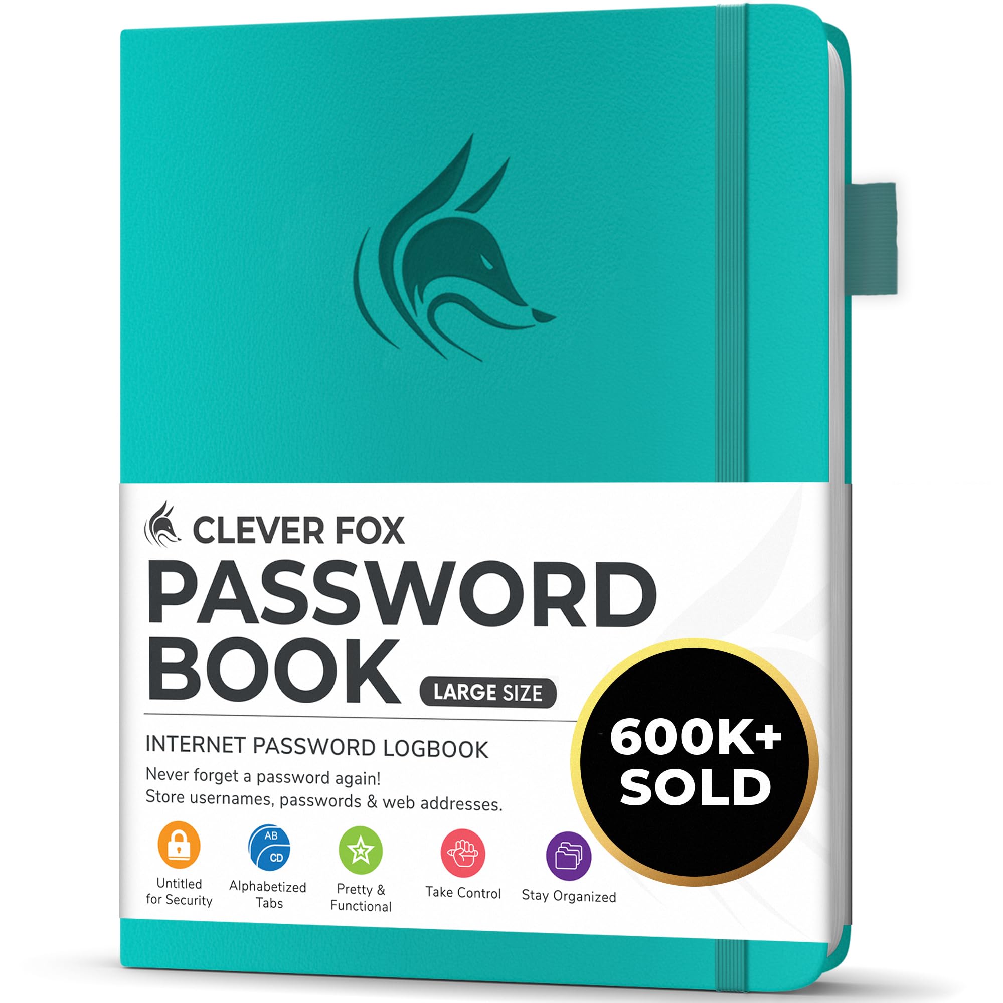 Clever Fox Password Book with alphabetical tabs. Internet Address Organizer Logbook. Large Password Keeper for Website Logins (Aquamarine)