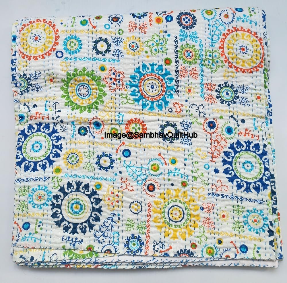 White Handblock Suzani Floral Print Handmade Cotton Kantha Quilting Boho Bedding Throw Blanket Hippie Queen/King Size Bohemian Block Kantha Quilt (Queen 90X108 inches)