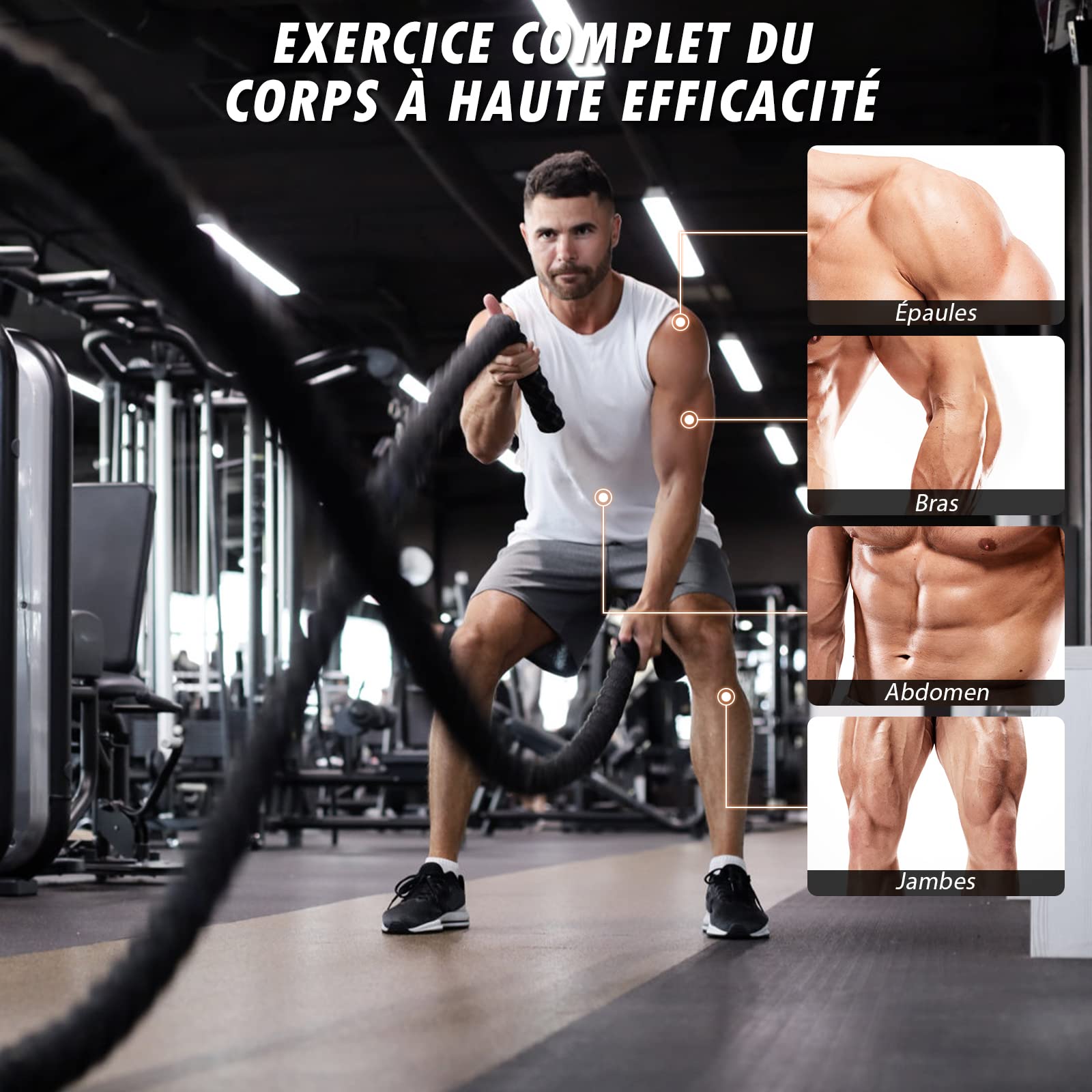 COSTWAY Battle Rope, Corde d'entrainement Ondulatoire en Polyester avec Kit de Sangles de Fixation et Manchon de Protection, pour Musculation et Sport à Domicile