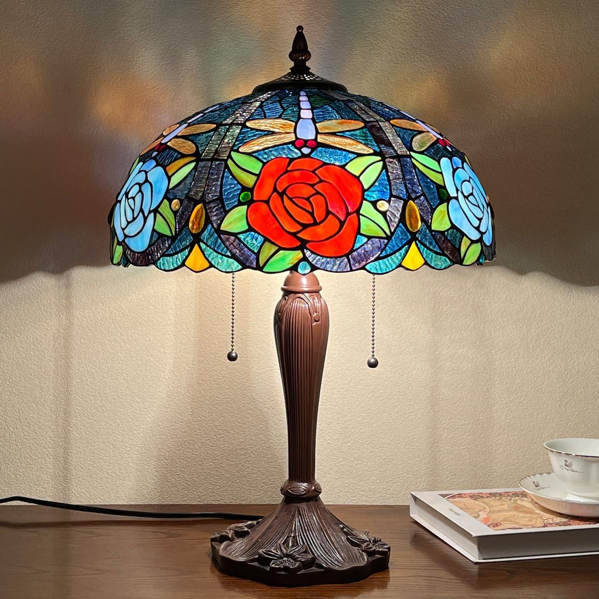 Tiffany Style Table lamp, Dragonfly & Rose Stained Glass Desk Light - Antique 16” Large Nightstand Bedside Reading Light for Living Room Bedroom Office