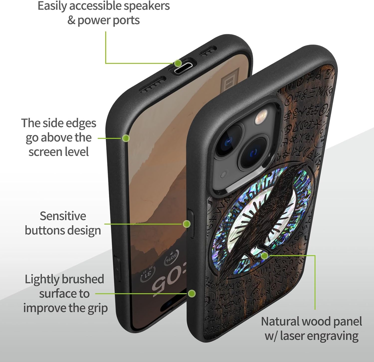 Carveit Wooden Case for iPhone 15 Magnetic Case, Compatible with MagSafe Wireless Chargers, Shockproof Cover, Handmade Shell Inlaid & Wood Artisan Engraved (Haloed Crow) Blackwood