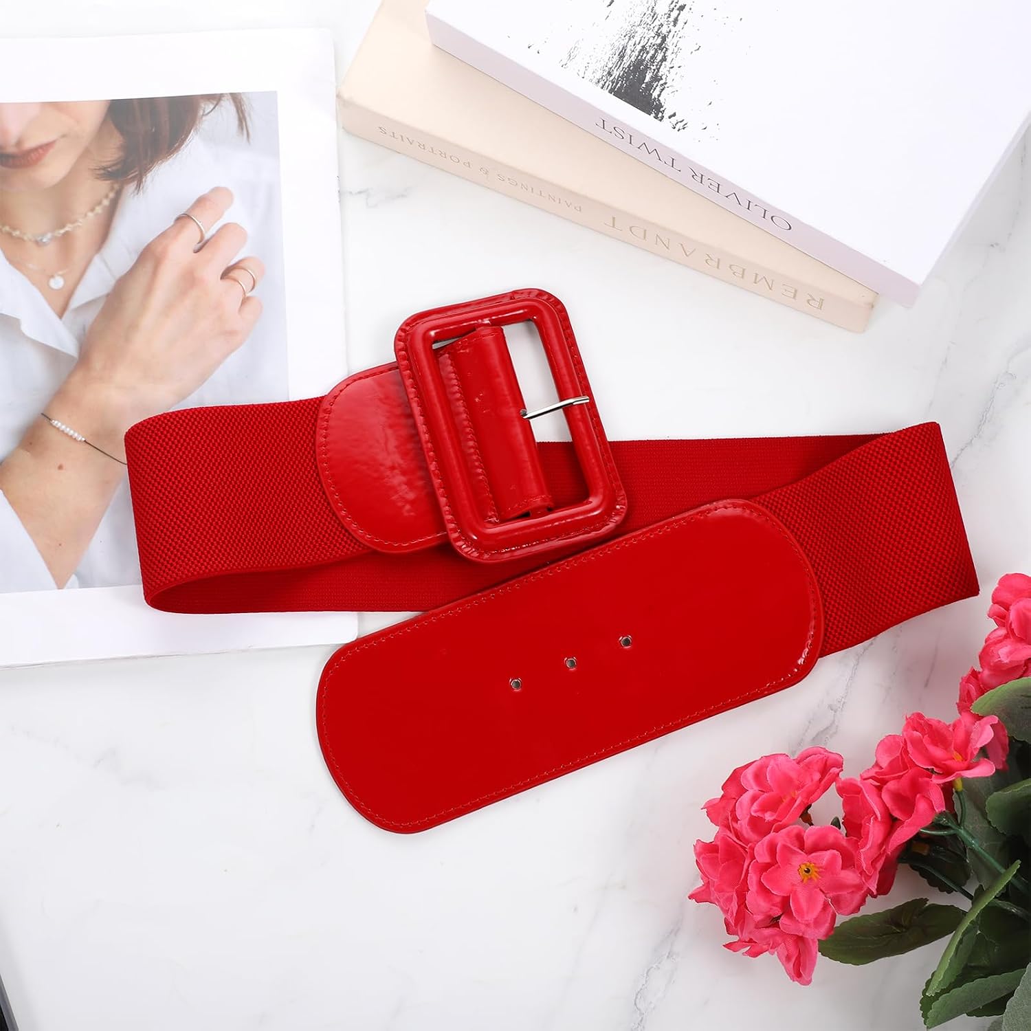 ElevateTech Stretchy Wide Women Belts Red Elastic Vintage Belts for Women Suitable for Dresses Shirts