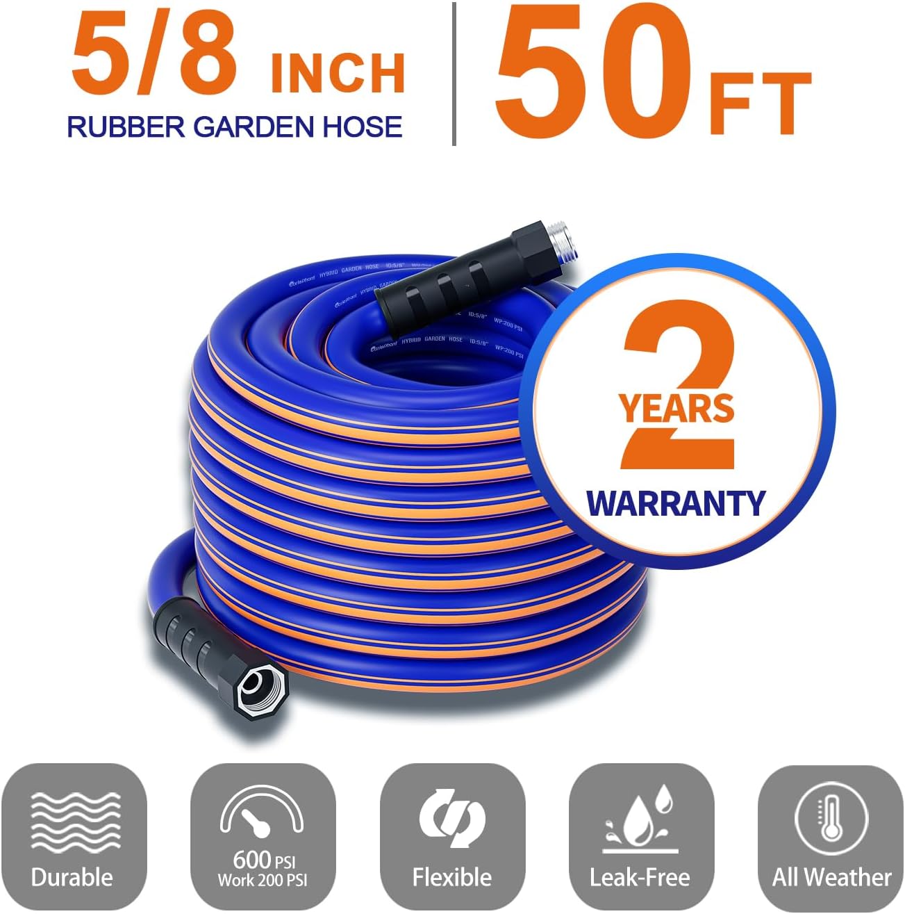 garden hose 50 ft x 5/8Inch, Hybrid Rubber 50 ft water hose, Durable, Anti-UV, Sturdy, No-Leakage, Lightweight, Flexible, Heavy Duty garden hoses with Swivel Handle