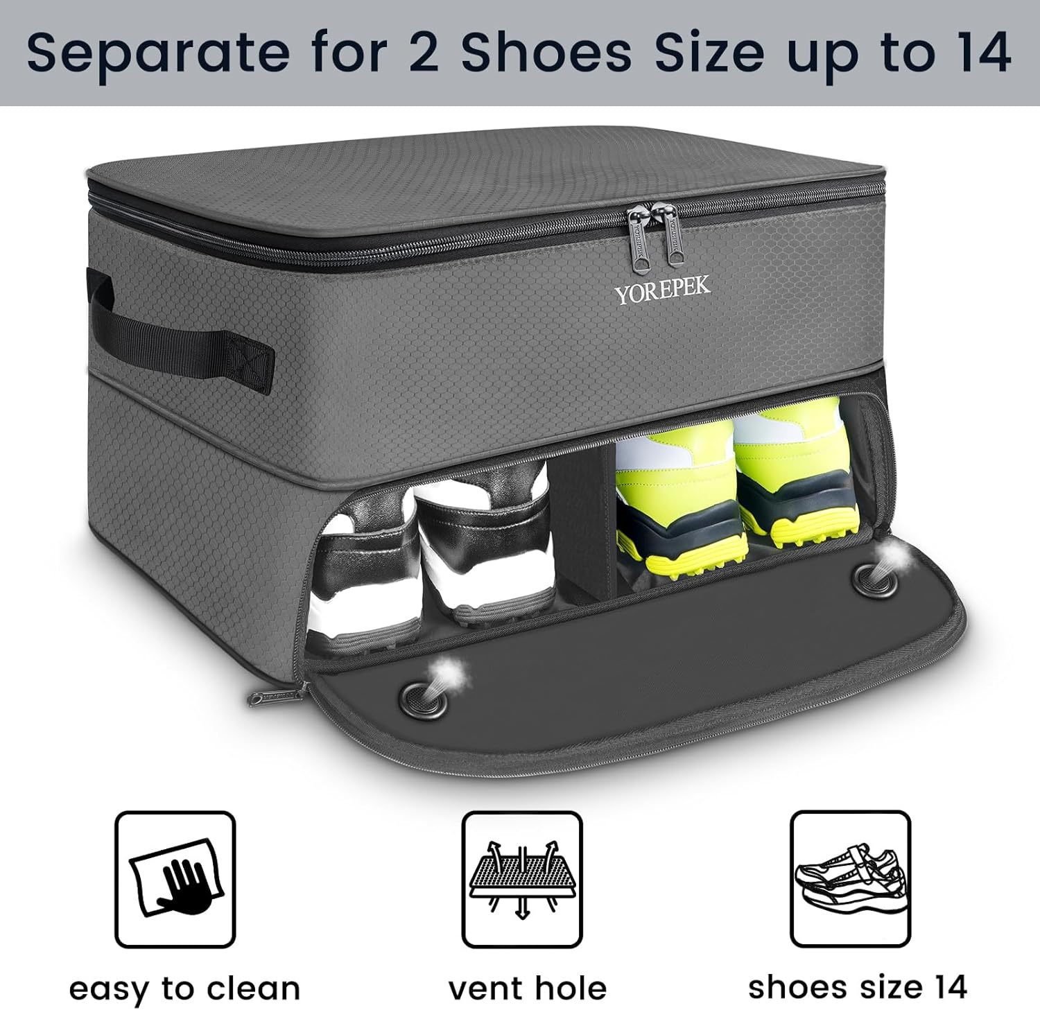 YOREPEK Large 2 Layer Golf Trunk Organizer for 2 Size14 Pair Shoes, Golf Shoe Bag, with 3 Pockets for Socks, Gloves,