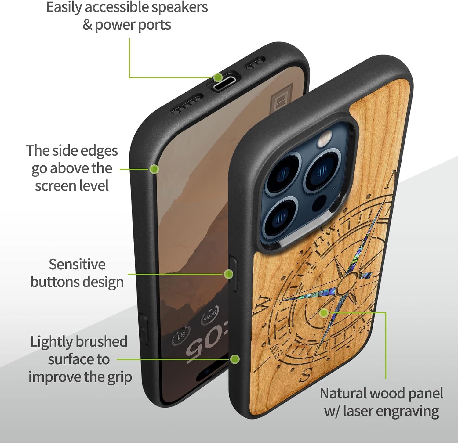 Carveit Wooden Case for iPhone 15 Pro Magnetic Case, Compatible with MagSafe Wireless Chargers, Shockproof Cover, Handmade Shell Inlaid & Wood Artisan Engraved (Incomplete Compass) Cherry