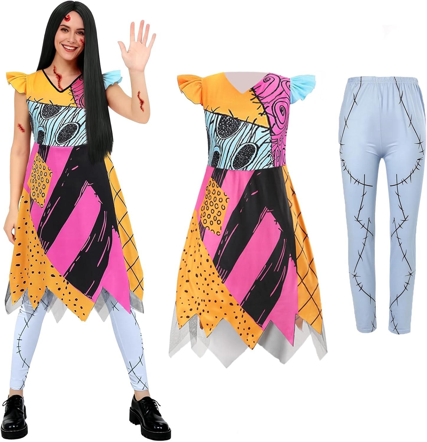 Adult Sally Costume Women Christmas Night-Mare Dress with Pants Stickers Halloween Cosplay Outfit Prop Accessories