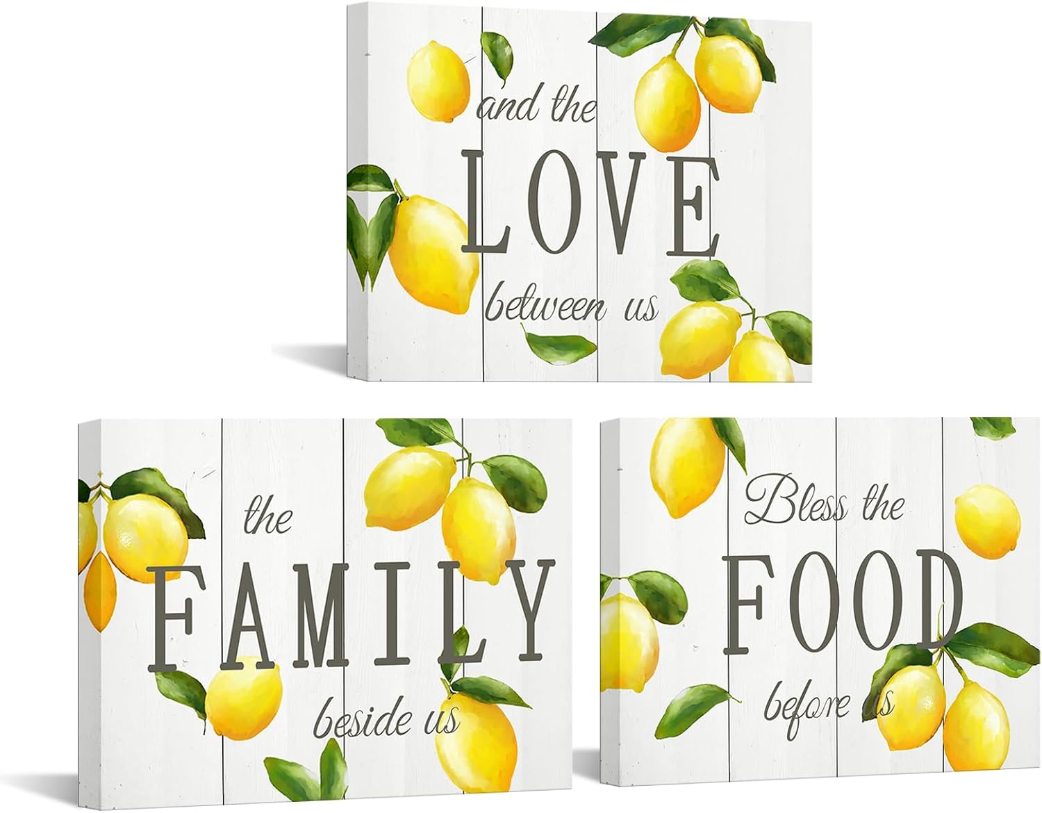 iKNOW FOTO 3 Pieces Lemon Wall Art Farmhouse Yellow Kitchen Decor Love Family Food Positive Quotes Paintings for Kichen Dining Room Pantry Each Panel 12x16 Inches