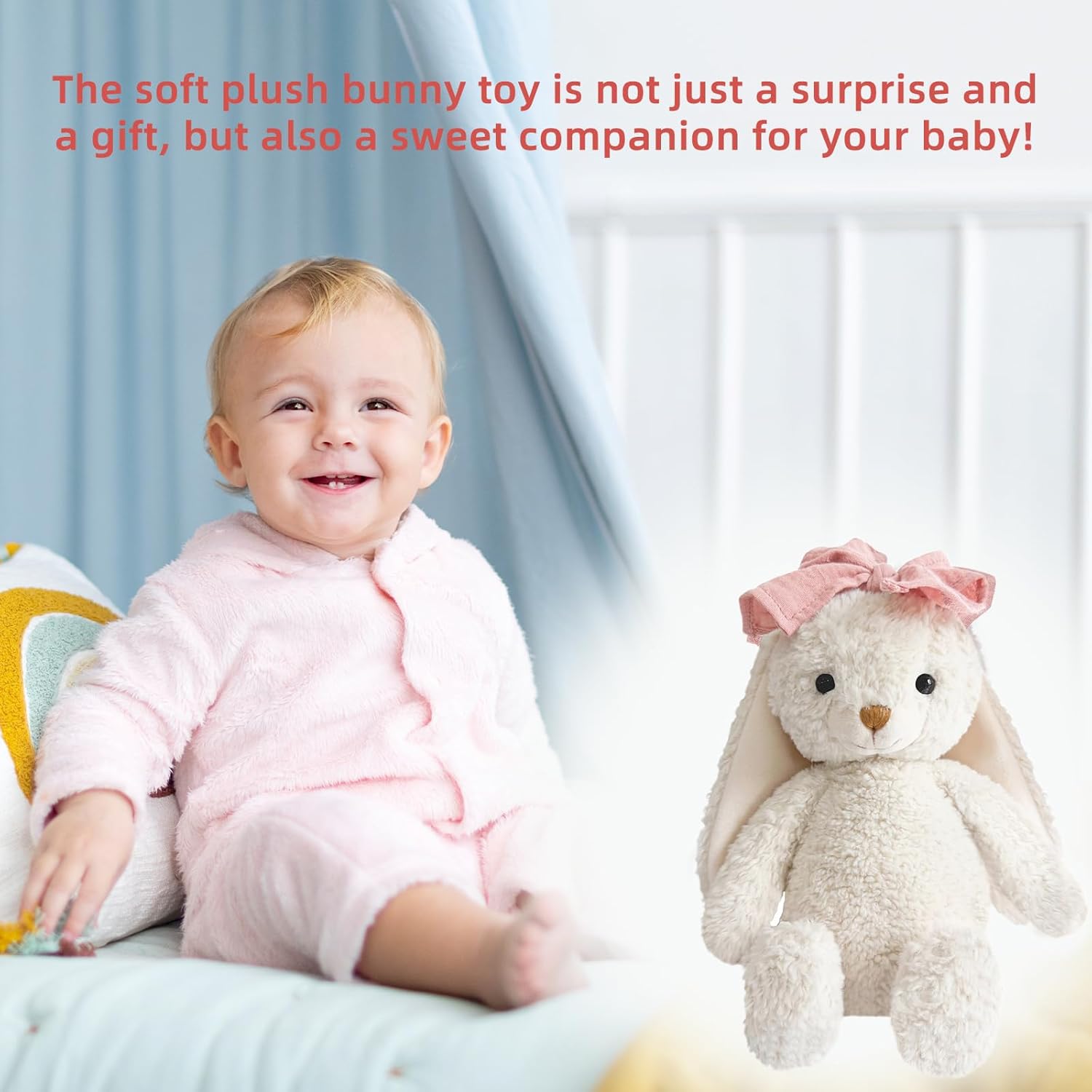 Bunny Stuffed Animal Soft Rabbit Cuddly Toy 10'' Long - Eared Plush Bunny with Pink Bow Plush Toys for Babies and Toddlers 10" White-pink image 7 of 7 B0F134F4NX