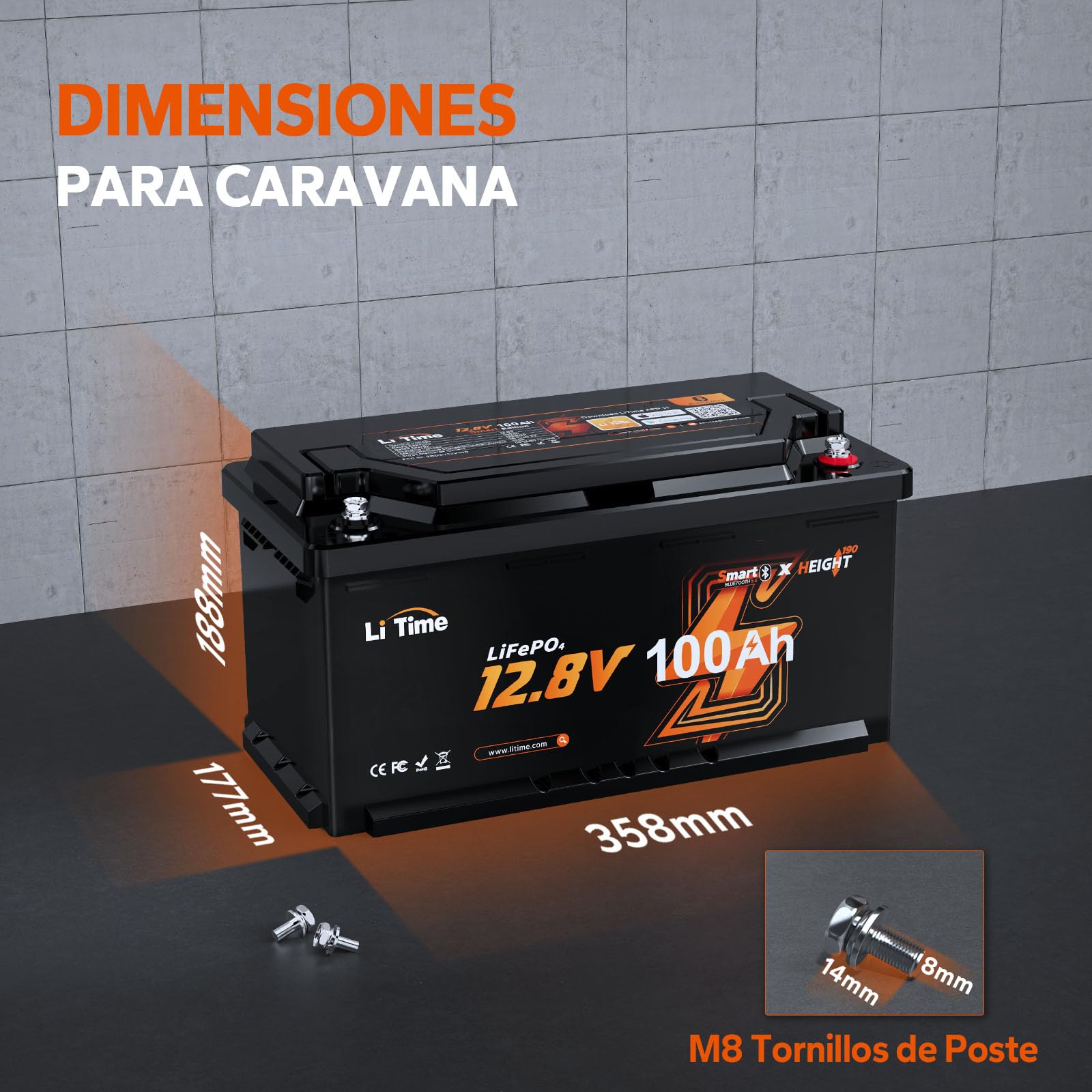 LiTime 12V 100Ah H190 Batería Lifepo4, Bateria Litio 12V con Bluetooth,100A BMS y Protección Baja Temperatura, 4000+ Ciclos, Batería Lifepo4 para Caravana, Barco, Energía de Respaldo, Sistemas Solares