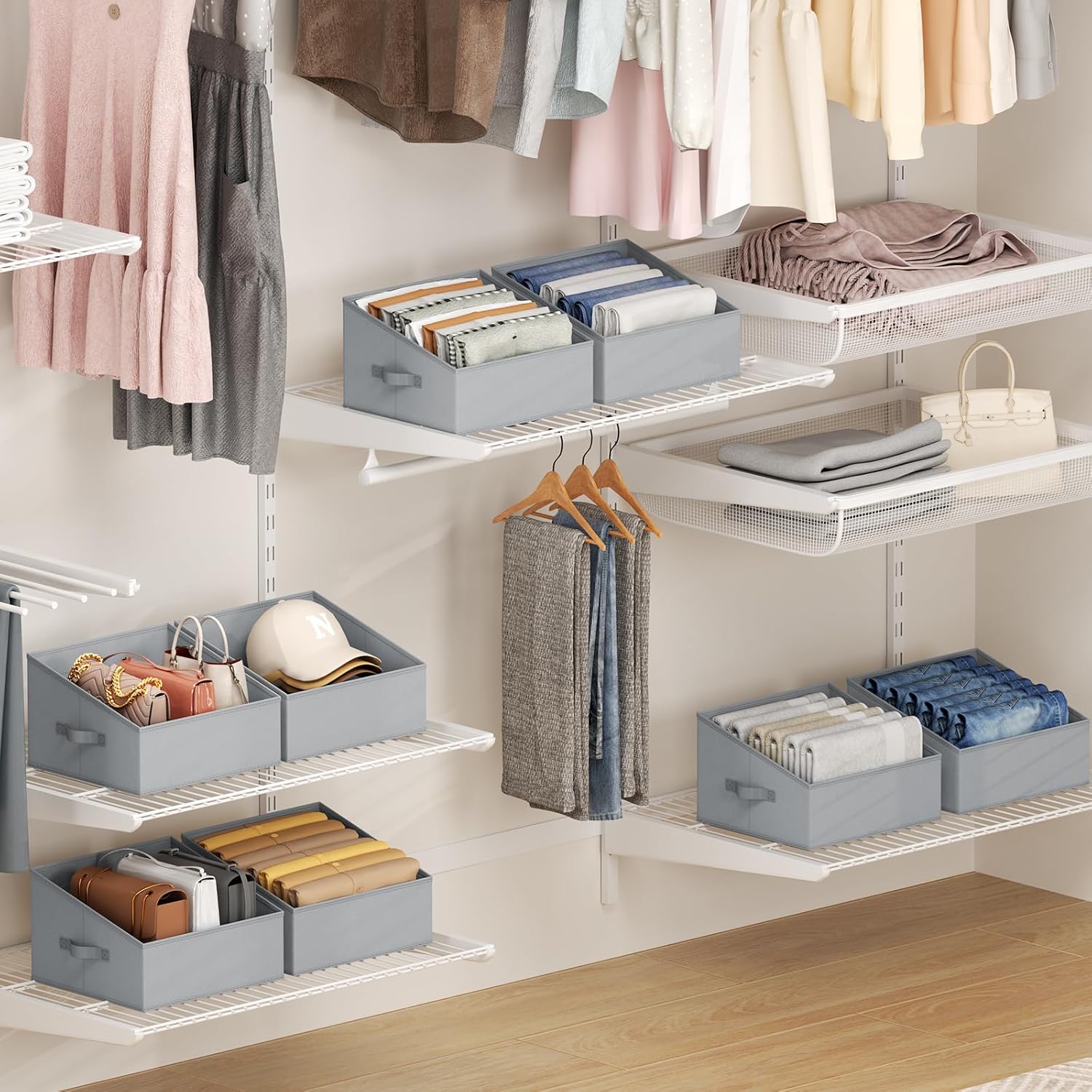 DIMJ Storage Bins for Closet, Trapezoid Storage Bins with Front Handle, Fabric Storage Baskets for Shelves, Line Closet Organizers for Toys, Boooks, Clothes, 6 Packs (Grey)