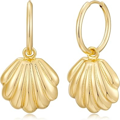 Sea Shell Huggie Hoop Earrings Dangle Drop Gold Plated Trendy Summer Beach Jewelry