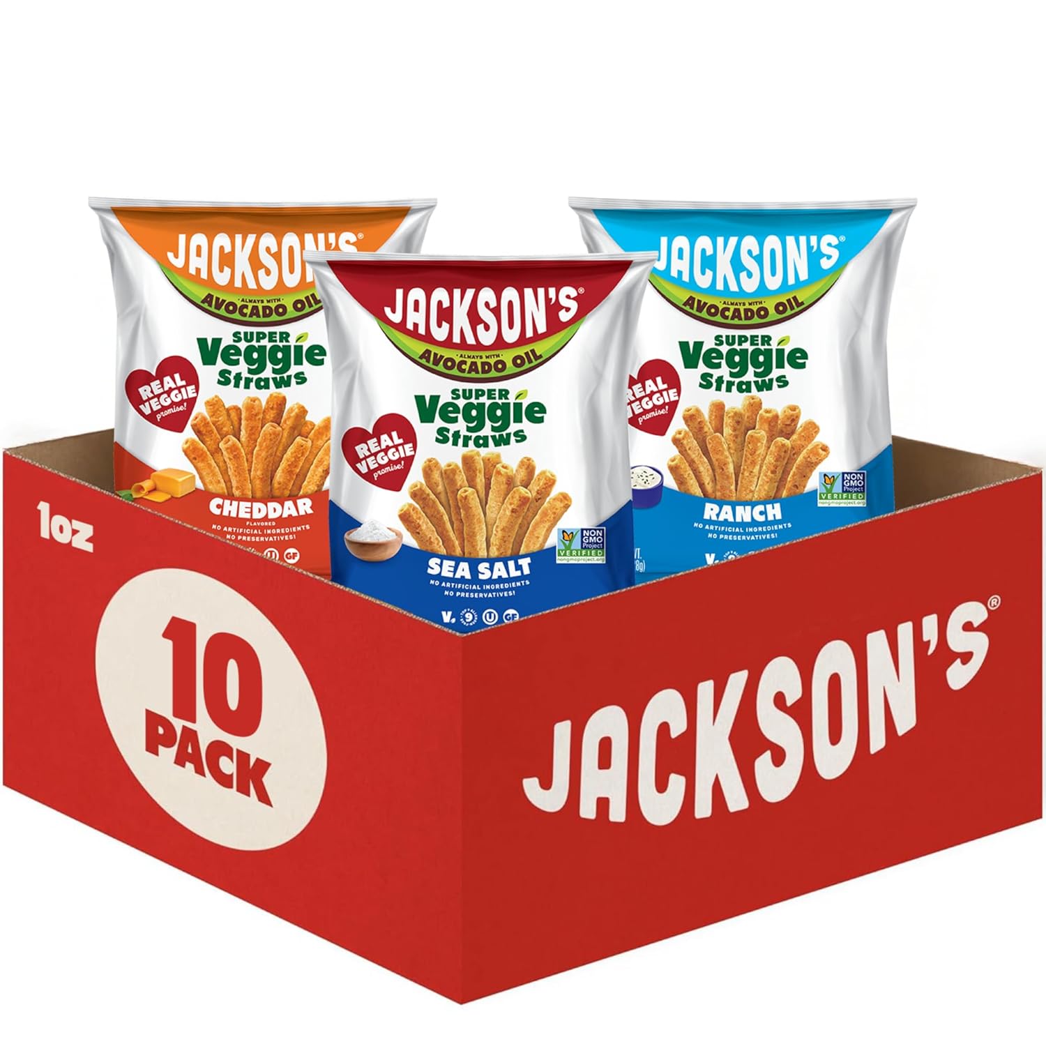 Jackson’s Super Veggie Straws Variety Pack (1 oz, Pack of 10) – Ranch, Cheddar, Sea Salt – Gluten Free, Made with Premium Avocado Oil, Veggie Chips, Snack Variety Pack, Veggie Straws Individual Bags