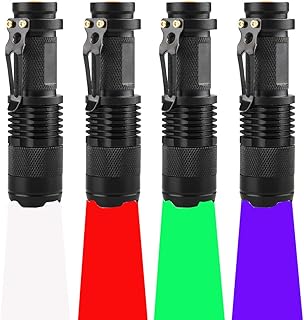 (Pack of 4) 4 Color Light Single Mode Flashlight: Red Light Flashlight, Green Light Flashlight, Blue Light Flashlight, Cool White Light Flashlight for Night Observation, Hunting, Fishing(4 PCS)