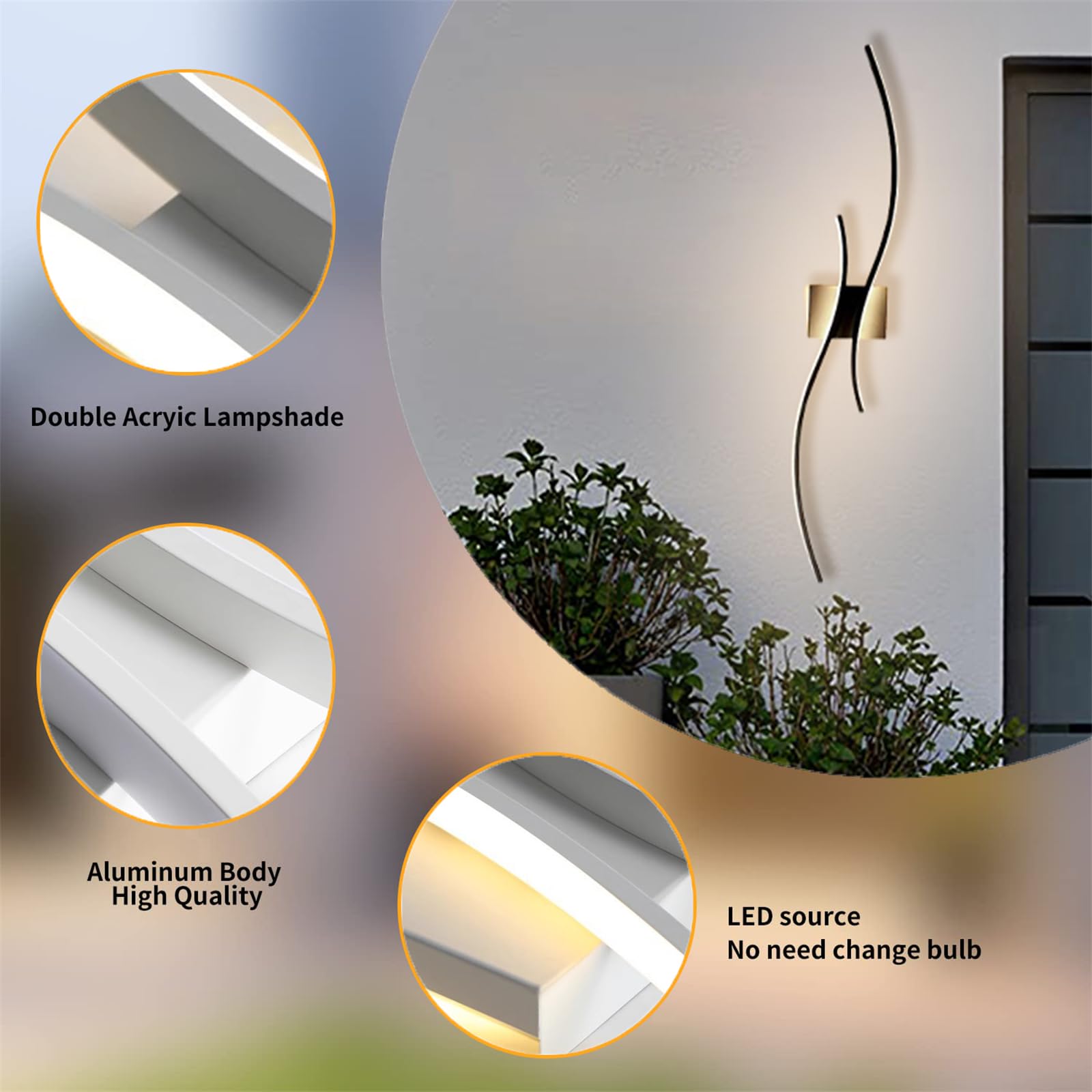 Nowoczesna i kreatywna lampa ścienna na zewnątrz, IP65, ściemniana, z pilotem zdalnego sterowania, długa lampa aluminiowa, do ogrodu, na taras, garaż (czarna, 60