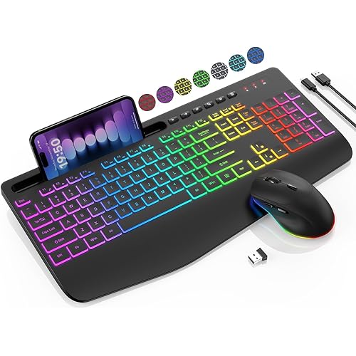 Wireless Keyboard and Mouse Combo - 9 Backlit Effects, RGB, Ergonomic Wrist Rest, Phone Holder, 2.4G Full Size, Rechargeable, Sleep Mode, Quiet Keyboard Set for Computer, PC, Laptop, Mac, Windows