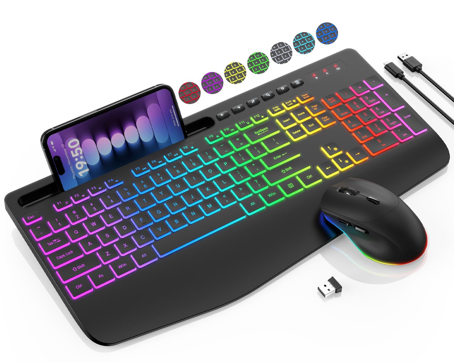 Wireless Keyboard and Mouse Combo - 9 Backlit Effects RGB Ergonomic Wrist Rest Phone Holder 2 4G Full