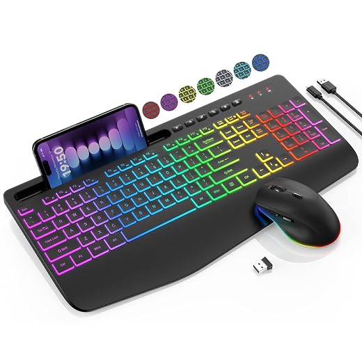 Wireless Keyboard and Mouse Combo, 9 Backlit Effects, Wrist Rest, Phone Holder, 2.4G Lag-Free Ergonomic Keyboards, Rechargeable Silent Cordless Set for Computer, Laptop, PC, Mac, Windows -SABLUTE
