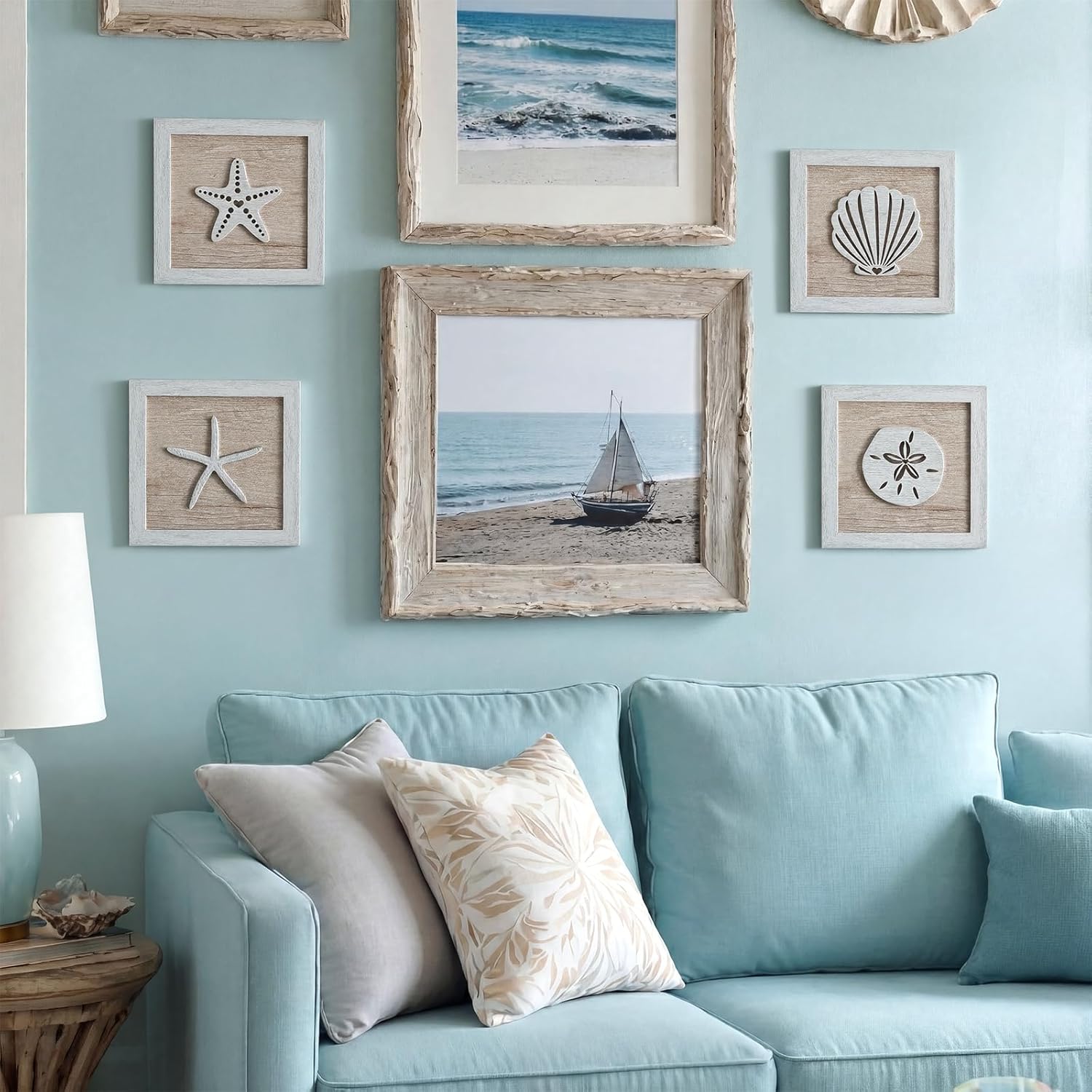 Novabright Framed Set of 4 Rustic Beach wall decor wood Disdressed Seashells and Starfish Coastal 3D Wall Art nautical coastal grandma decor for Bathroom Bedroom Beach House