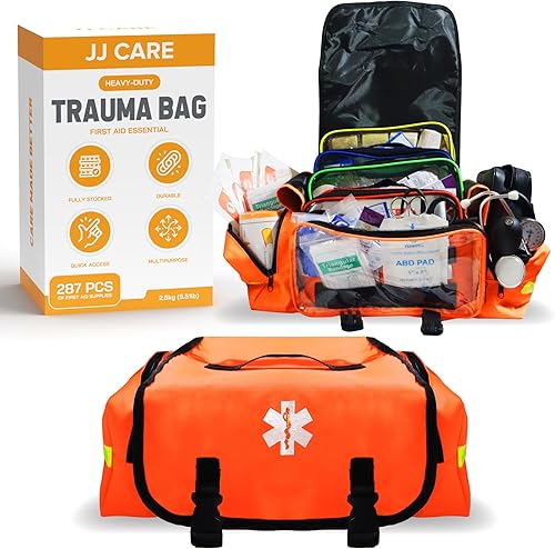 JJ CARE Bolsa de trauma (287 piezas), bolsa médica EMT totalmente surtida para profesionales, kit médico de emergencia de primeros auxilios, kit