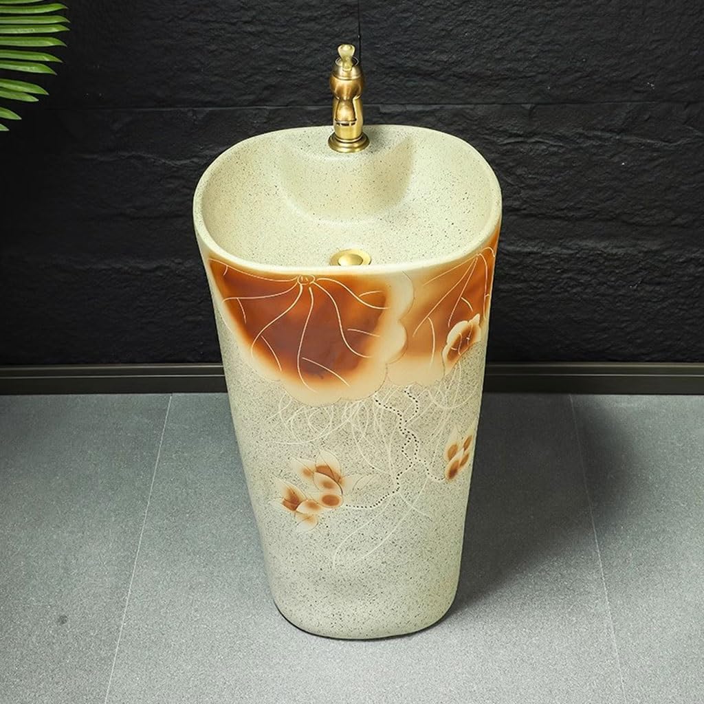 Pedestal Sinks Retro Ceramic Outdoor Courtyard Floor-Standing Wash Basin Balcony Garden Bathroom Sink (A)