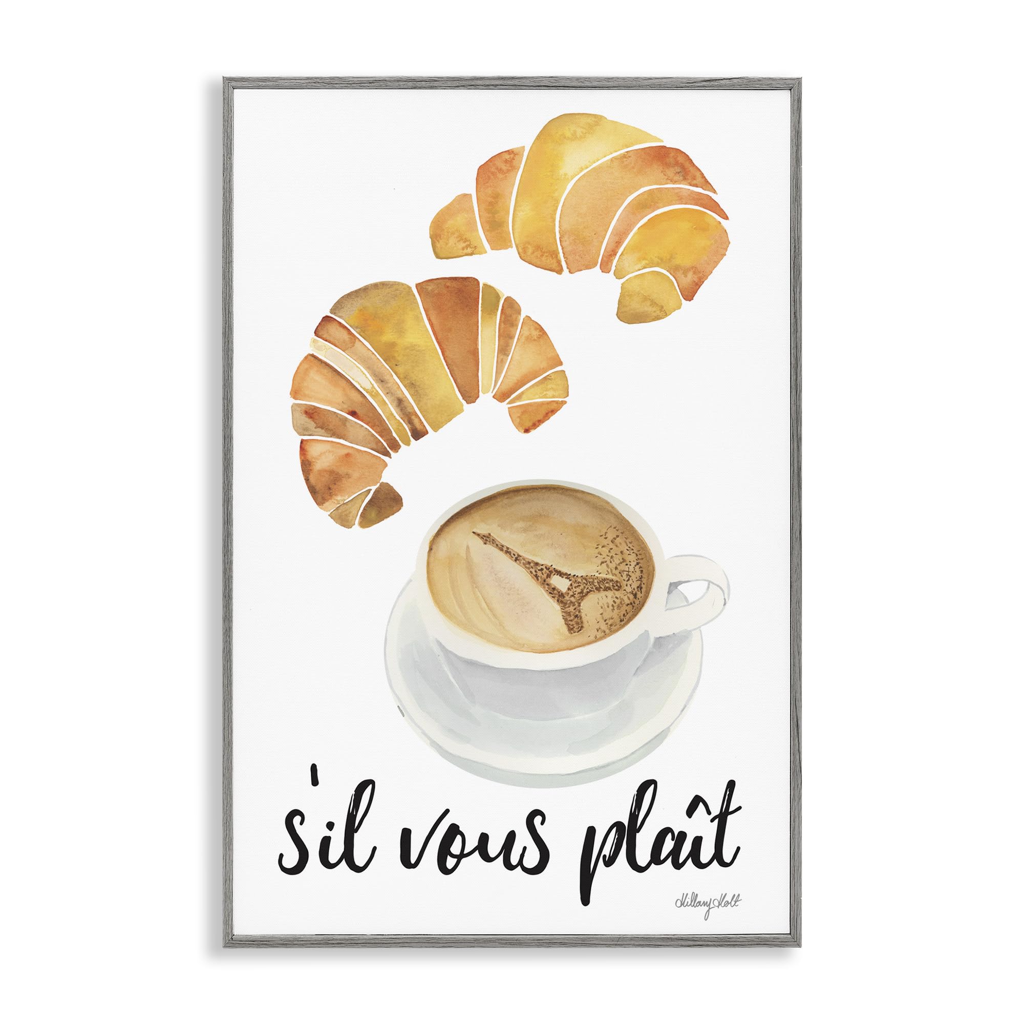 Stupell Industries 'Paris Croissant and Coffee', Framed Giclee Art, Gray, 20 x 30 Inches, Easy to Hang and Sturdy, Made in USA, by Hillary Holt
