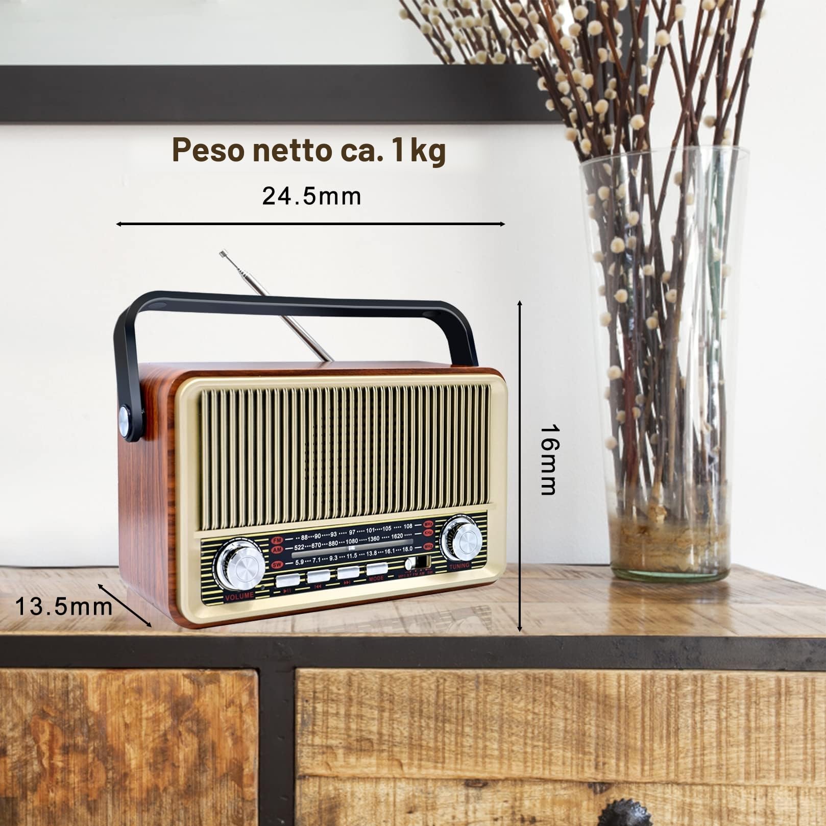 SENTASI Radio Portatile Bluetooth 5.0 Vintage Retro con Batteria 1200 mAh AM/SW/USB/TF