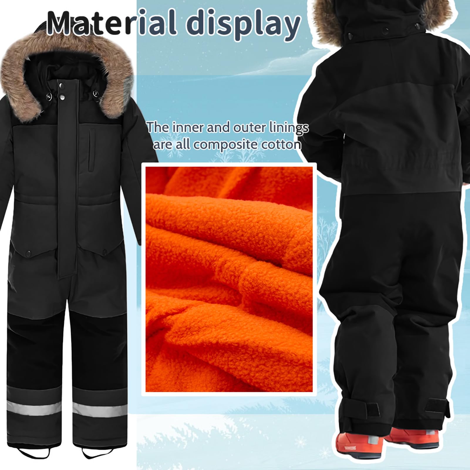 Kinder Skianzug Jungen mit Kapuze Winddichte Wasserdichte Schneeoverall Mädchen Warmer Schneeanzug Dickere Skioverall mit Reflektierenden Streifen