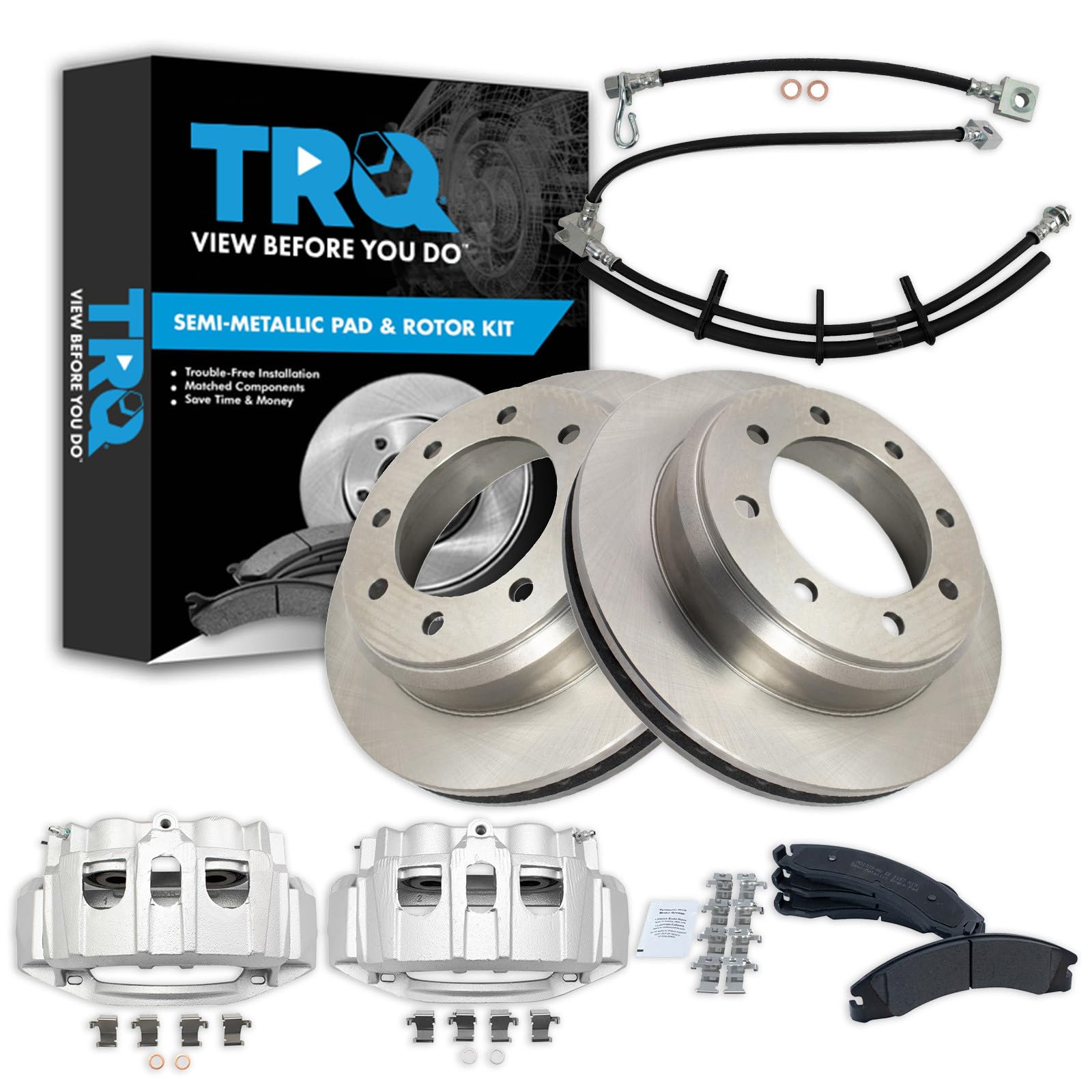 TRQ Rear Brake Pad, Caliper, Hose, &amp; Rotor Kit Semi-Metallic Compatible with 2008-2014 Ford E-150 E-250 2015-2019 E-350 Super Duty