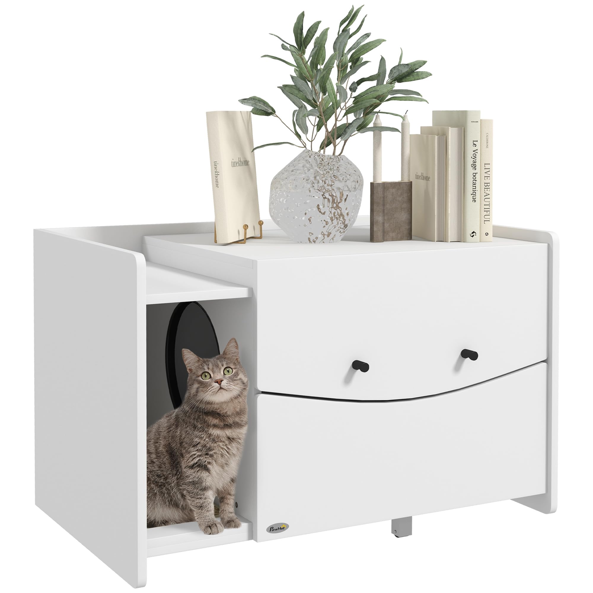 PawHut Casa da Letticcia Mobile per Gatto, Scomparto Scorrevole, 2 Fori di Ventilazione, Tappetino per Perdite di Sabbia, Bianco