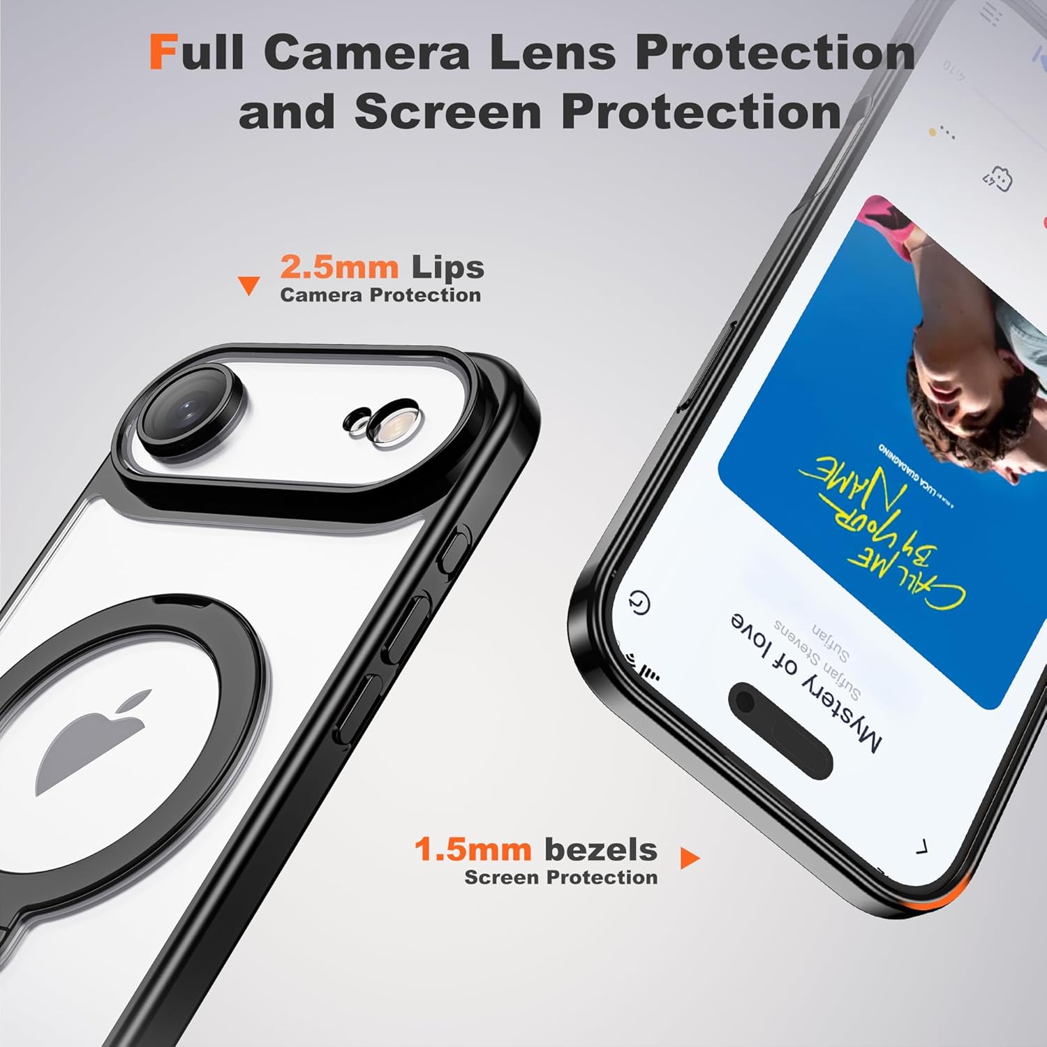Compatible with iPhone 17 Air Case with 360° Spin Magnetic Ring Stand [Compatible with Mag-Safe] Full Camera Lens Protector Plating Clear Phone Case for iPhone 17 Air 6.5", Black
