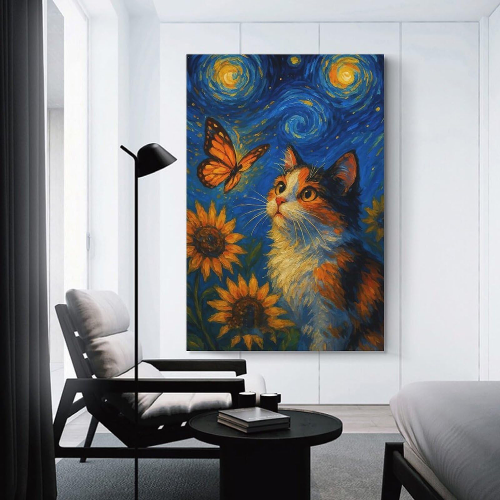 Junmoney Cat Butterfly Starry Night Canvas Wall Picture, 24x36inch(60x90cm), for Wall Displays, Bedrooms Or Room Updates, Wall Decor Suited to Curated Displays