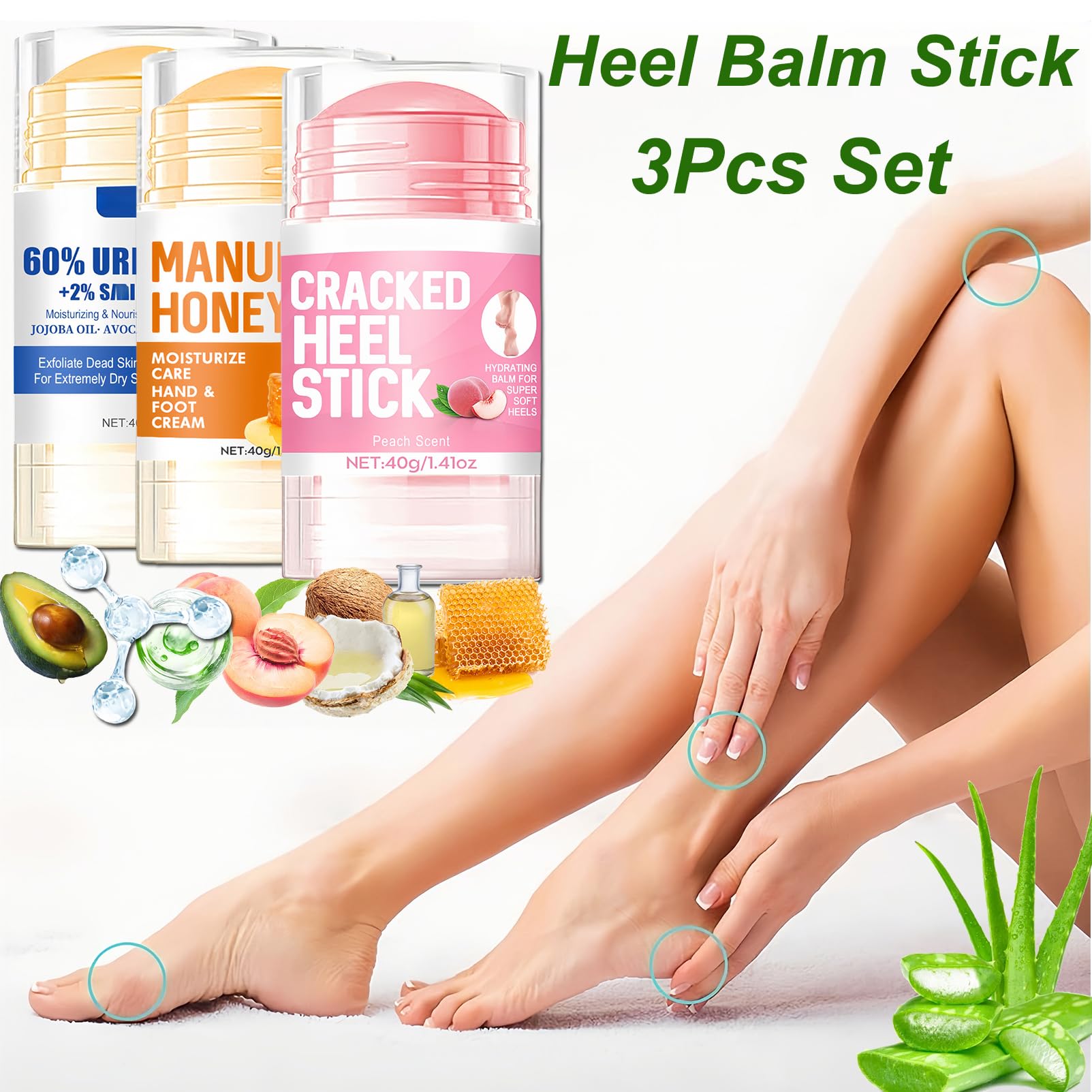 Urea Heel Balm Stick for Feet and Hands,3Pcs Moisturizing Heel Balm for Dry Cracked Feet, Hydrating Stick for Foot & Hands, For Women & Men, Travel Size(Peach, Urea and Honey)