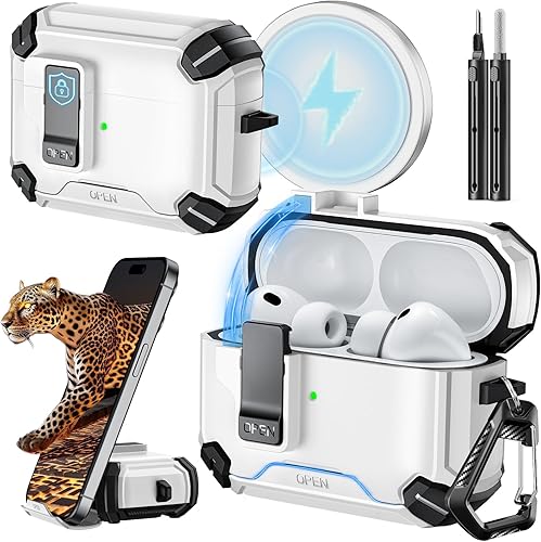 Miniatura 50 de Inesore Compatible con funda AirPods 4 con soporte para teléfono y kit de limpieza, Compatible con Magsafe, cerradura magnética automática