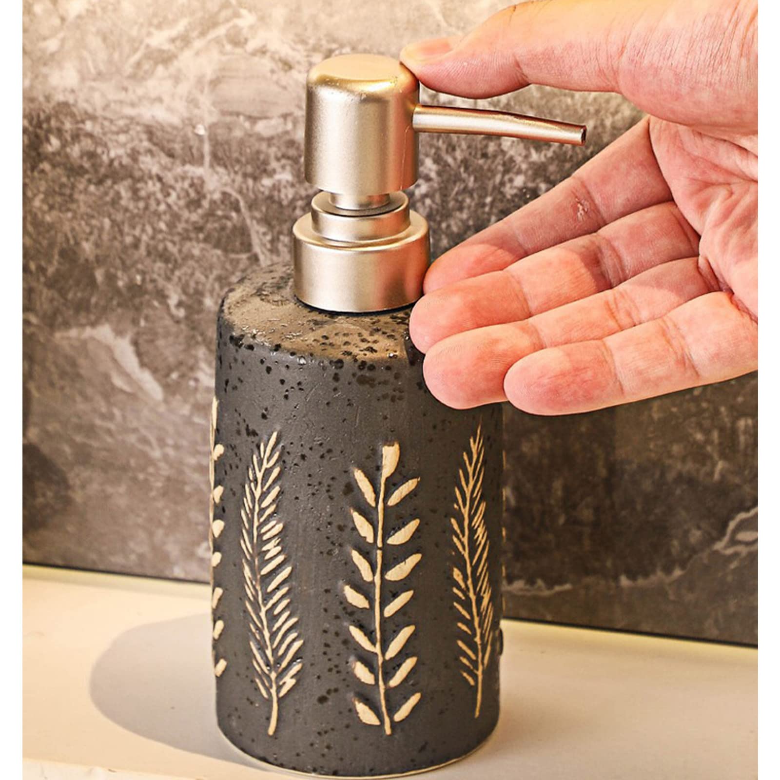 Juegos de Accesorios de baño, Acesorios Cuartos de Baño 5 Piezas con Dispensador Jabon Baño, Jabonera Baño, Porta Cepillo de Dientes, Bandeja, para Champú Gel de Ducha Cerámica Marrón
