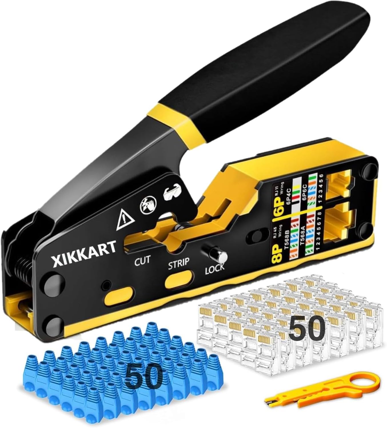 XIKKART RJ45 Crimping Tool Kit Pass Through Cat7 Cat6 Cat5e Ethernet Crimper with 50 RJ45 Pass Through Connectors & 50 Strain Relief Boots, 3-in-1 LAN Cable Crimp Tool with Wire Stripper Cutter